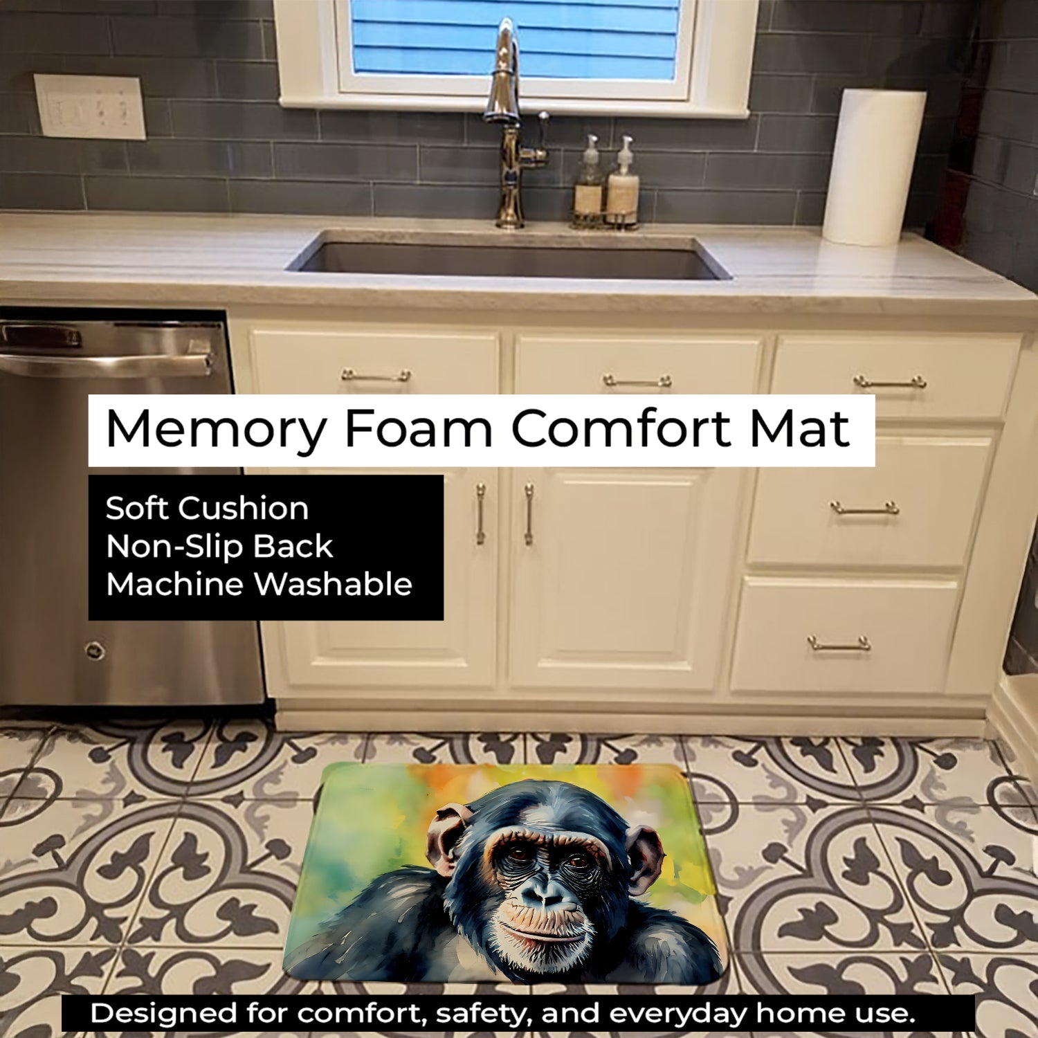 Chimpanzee Memory Foam Kitchen Mat Machine Washable Anti-Fatigue Cushion Comfort Bath or Kitchen Rug