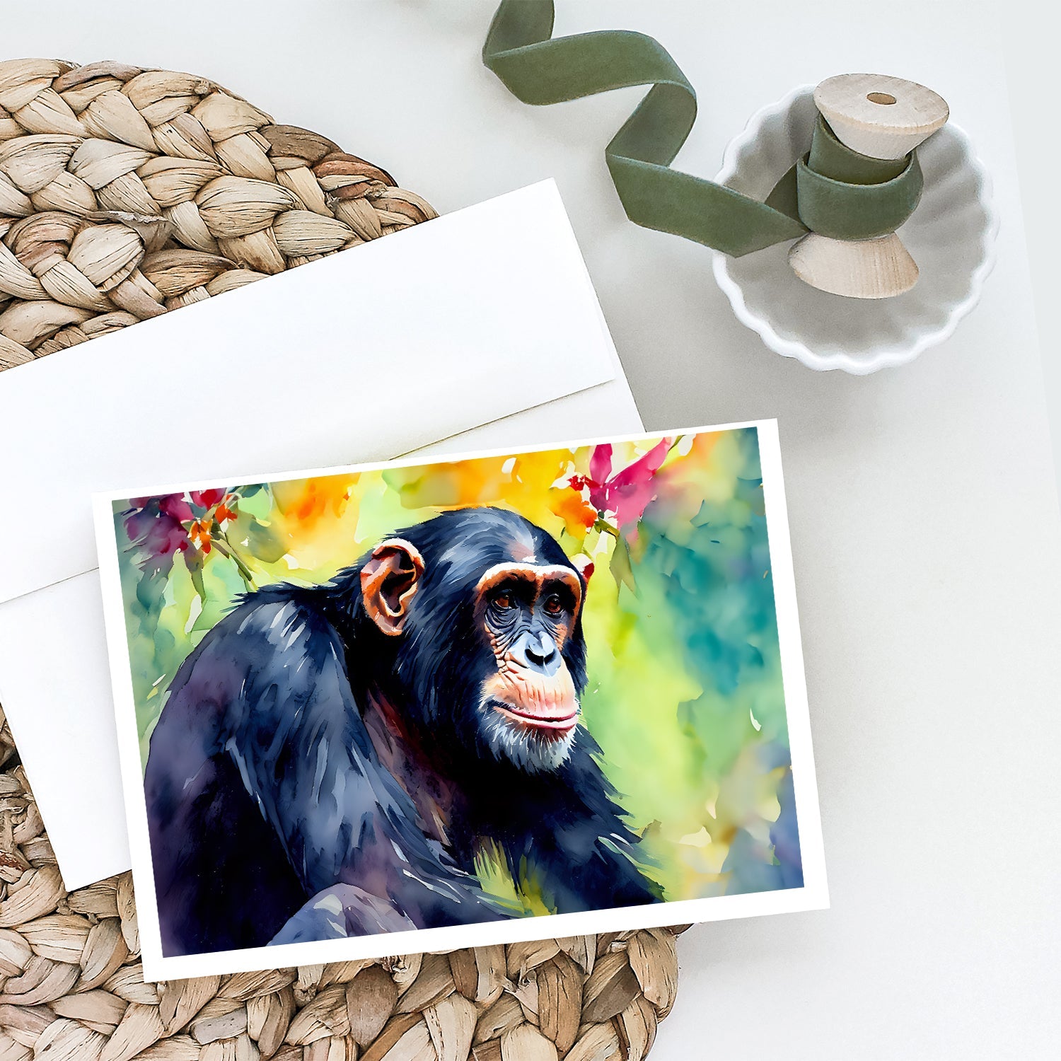 Chimpanzee Greeting Cards Pack of 8 Blank Cards with Envelopes Whimsical A7 Size 5x7
