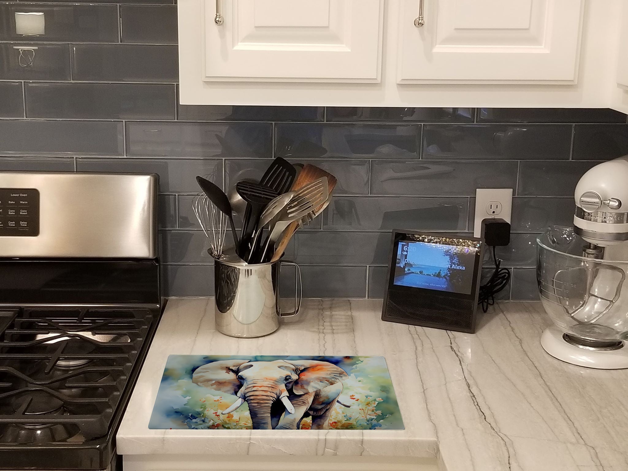 Elephant Cutting Board Tempered Glass Kitchen Cutting Surface, Heat Resistant Chopping, Non-Slip Feet, Food Prep & Serving