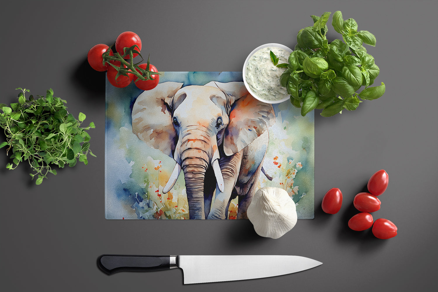 Elephant Cutting Board Tempered Glass Kitchen Cutting Surface, Heat Resistant Chopping, Non-Slip Feet, Food Prep & Serving