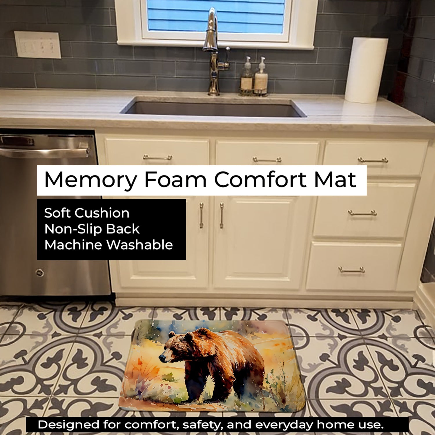 Grizzly Bear Memory Foam Kitchen Mat Machine Washable Anti-Fatigue Cushion Comfort Bath or Kitchen Rug