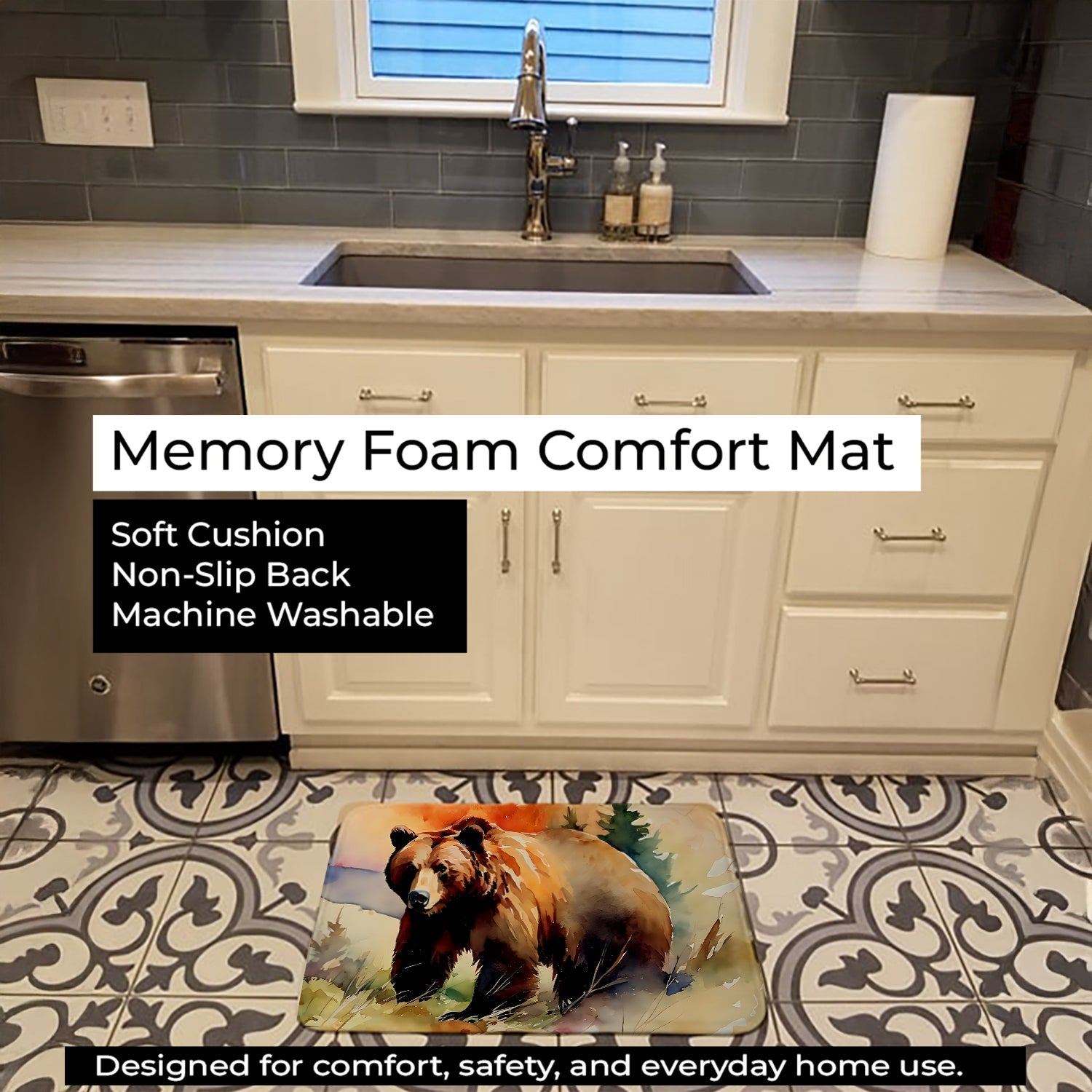 Grizzly Bear Memory Foam Kitchen Mat Machine Washable Anti-Fatigue Cushion Comfort Bath or Kitchen Rug