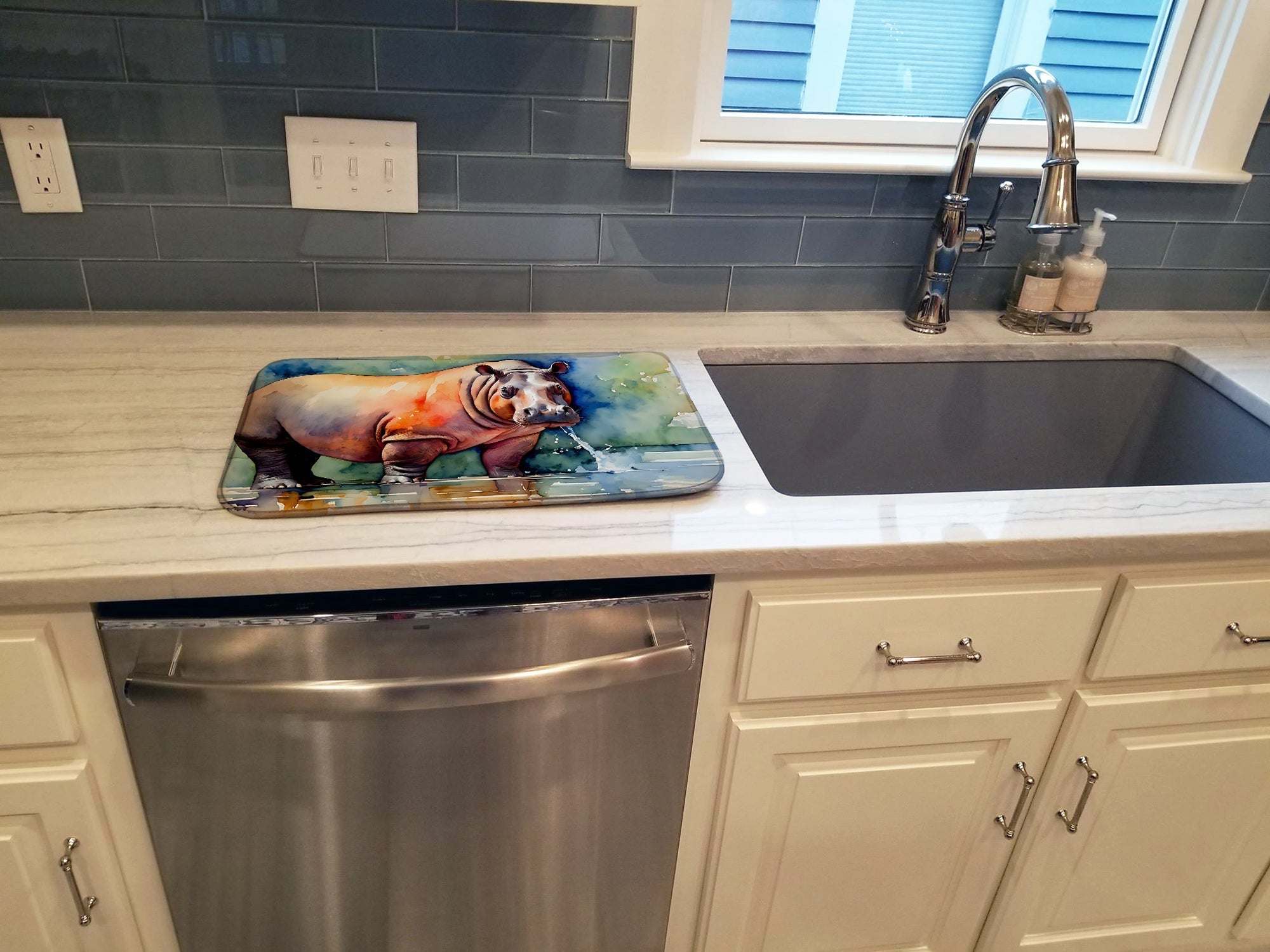 Hippopotamus Dish Drying Mat Absorbent Dish Drying Mat Pad for Kitchen Counter Dish Drainer Mat for Countertop, 14 x 21", Multicolor