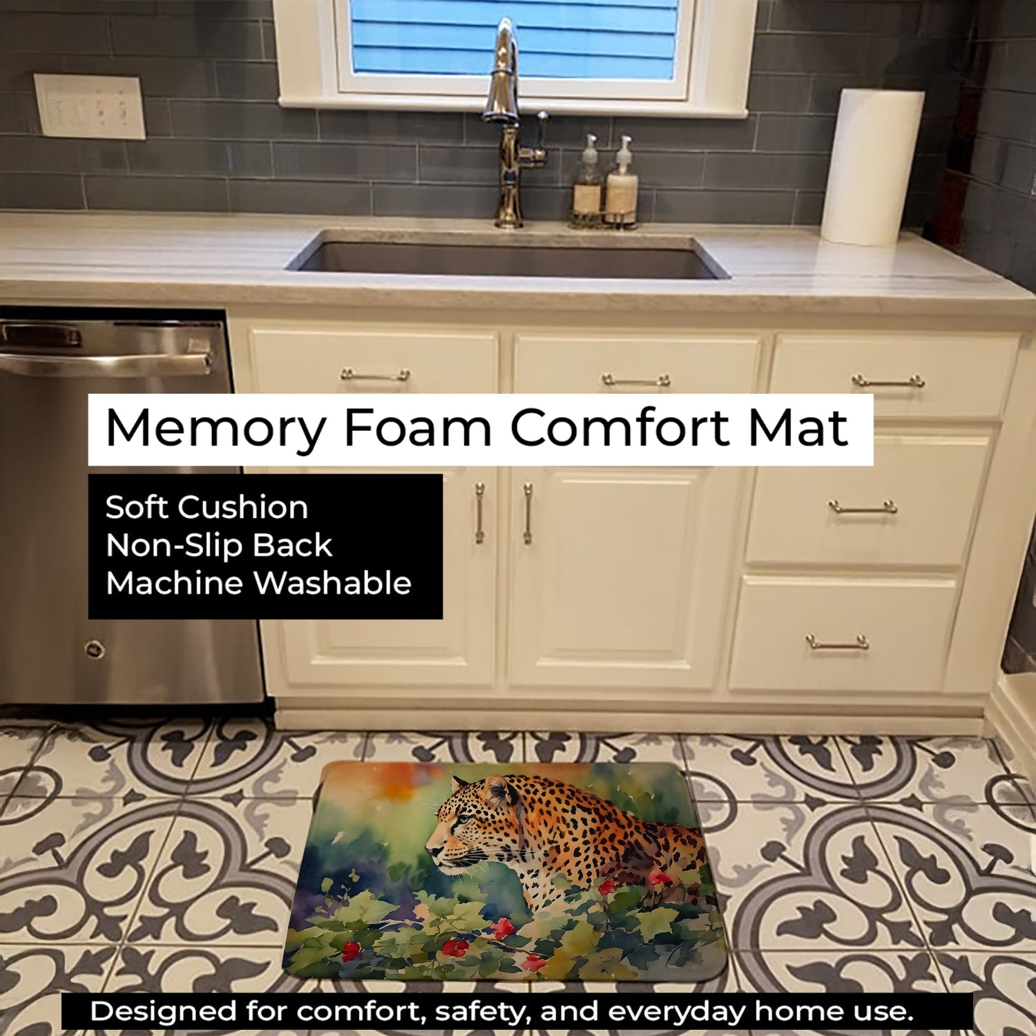 Leopard Memory Foam Kitchen Mat Machine Washable Anti-Fatigue Cushion Comfort Bath or Kitchen Rug