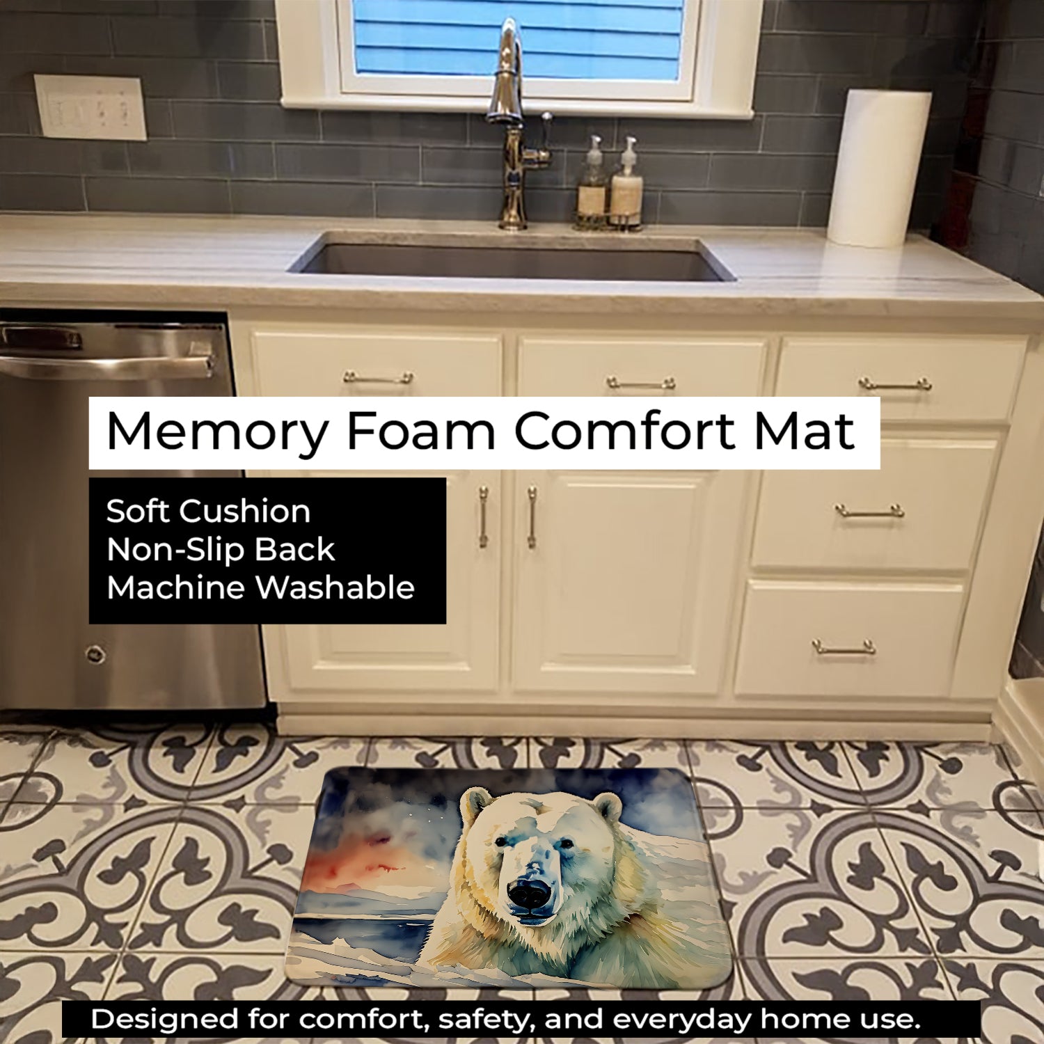 Polar Bear Memory Foam Kitchen Mat Machine Washable Anti-Fatigue Cushion Comfort Bath or Kitchen Rug