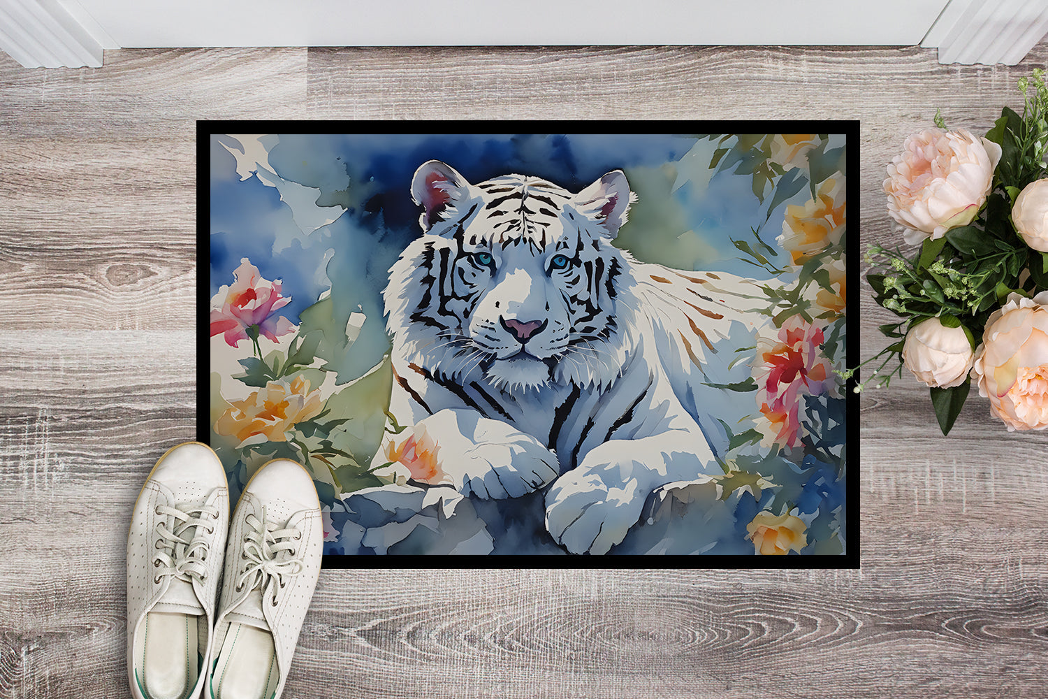 White Tiger Doormat Indoor Outdoor 24H X 36W Front Door Mat Rugs for Entryway, Non Slip Washable Low Pile,