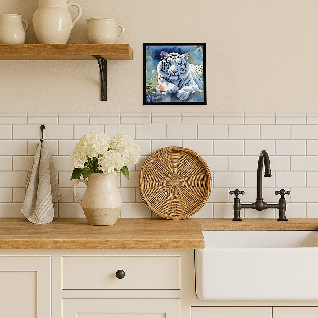 White Tiger Framed Metal Print Bathroom, Kitchen, Office, Home Decor Wall Art Ready to Hang, Square, 8X8