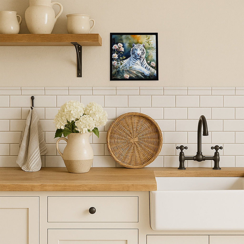 White Tiger Framed Metal Print Bathroom, Kitchen, Office, Home Decor Wall Art Ready to Hang, Square, 8X8