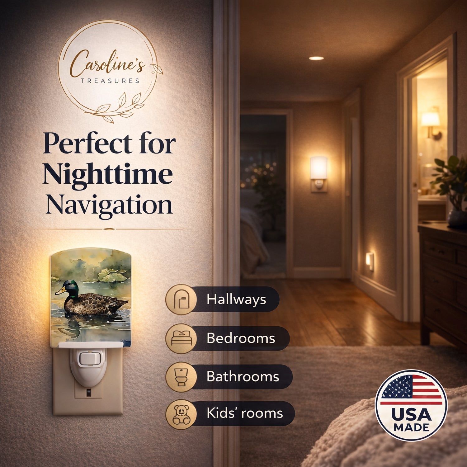 Mallard Duck Swimming Lake Ceramic Night Light Compact, UL-Certified, Ideal for Bedroom, Bathroom, Nursery, Hallway, Kitchen, 6x4x3, Multicolor
