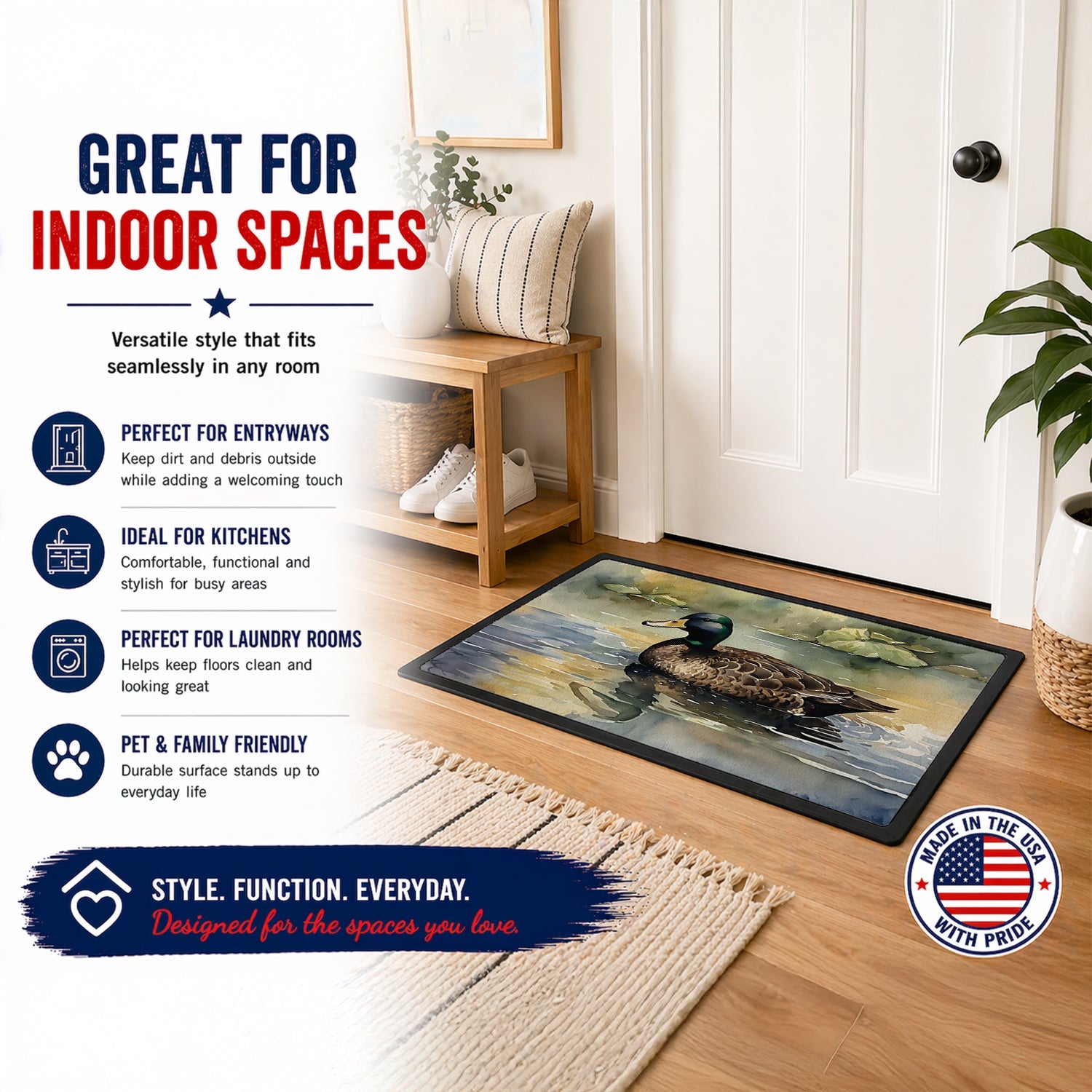 Mallard Duck Swimming Lake Doormat Indoor Outdoor 24H X 36W Front Door Mat Rugs for Entryway, Non Slip Washable Low Pile,