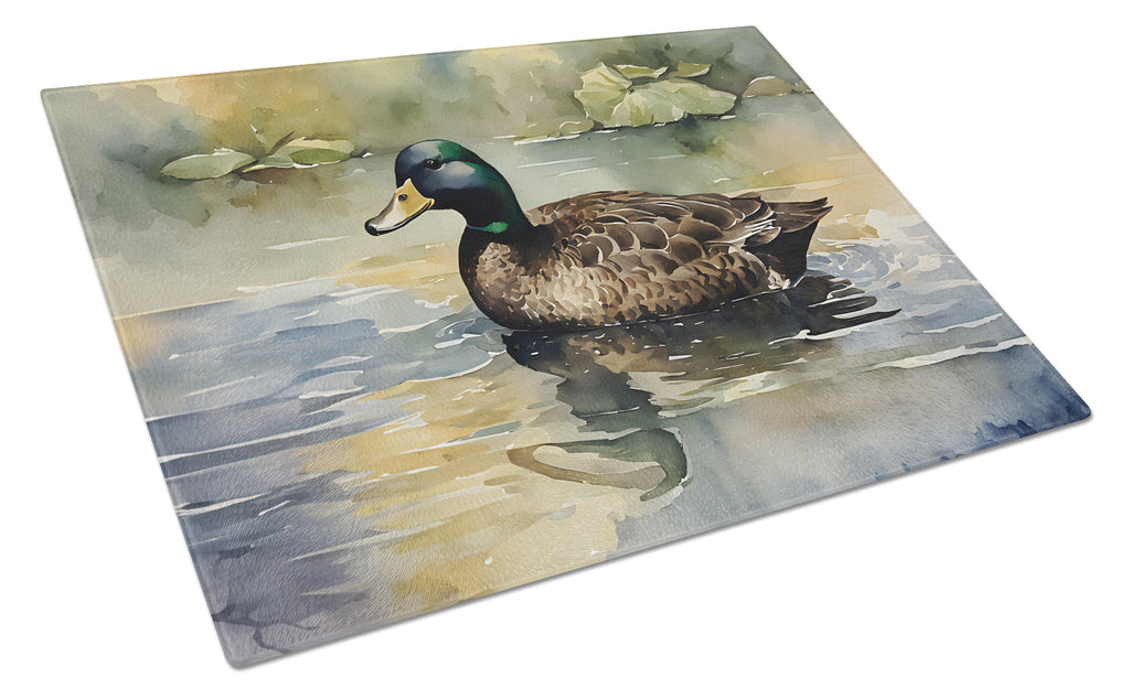 Mallard Duck Swimming Lake Cutting Board Tempered Glass Kitchen Cutting Surface, Heat Resistant Chopping, Non-Slip Feet, Food Prep & Serving