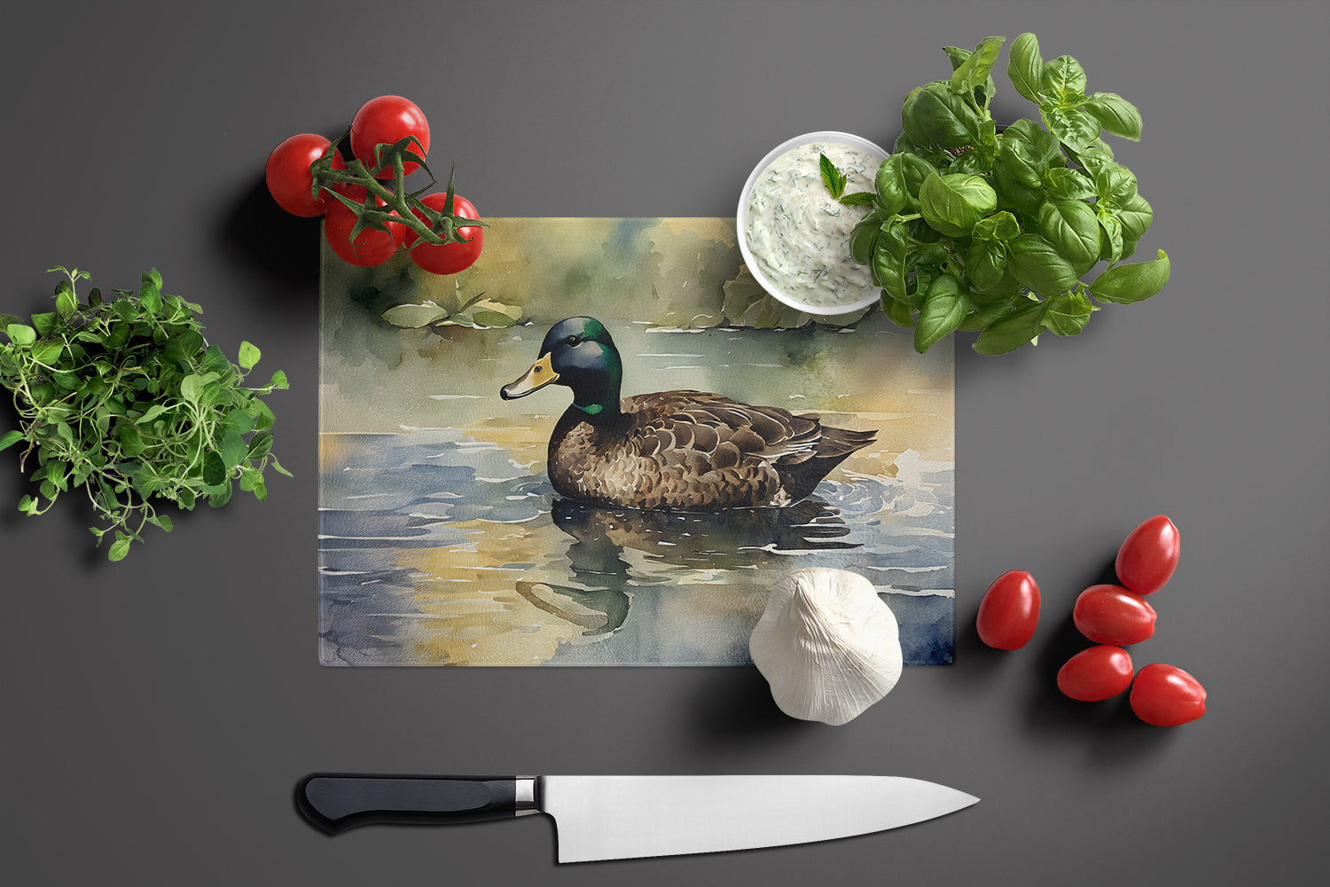 Mallard Duck Swimming Lake Cutting Board Tempered Glass Kitchen Cutting Surface, Heat Resistant Chopping, Non-Slip Feet, Food Prep & Serving