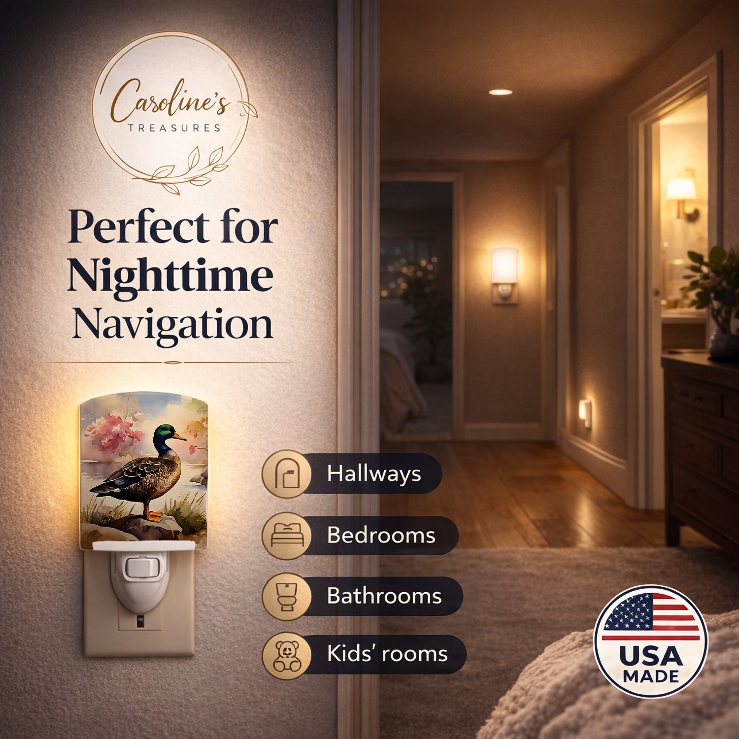Mallard Duck Standing Lakeside Ceramic Night Light Compact, UL-Certified, Ideal for Bedroom, Bathroom, Nursery, Hallway, Kitchen, 6x4x3, Multicolor