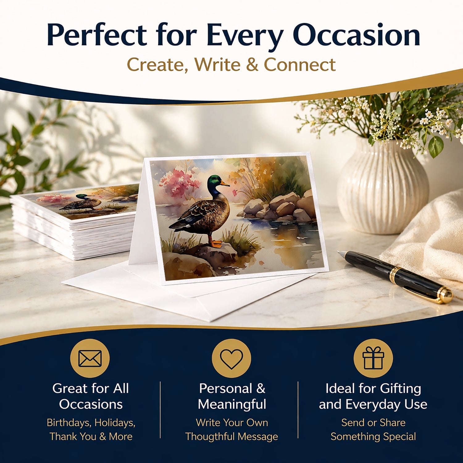 Mallard Duck Standing Lakeside Greeting Cards Pack of 8 Blank Cards with Envelopes Whimsical A7 Size 5x7