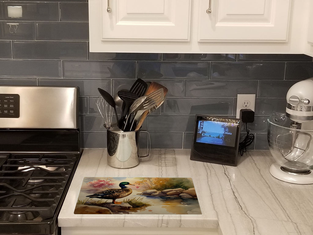 Mallard Duck Standing Lakeside Cutting Board Tempered Glass Kitchen Cutting Surface, Heat Resistant Chopping, Non-Slip Feet, Food Prep & Serving