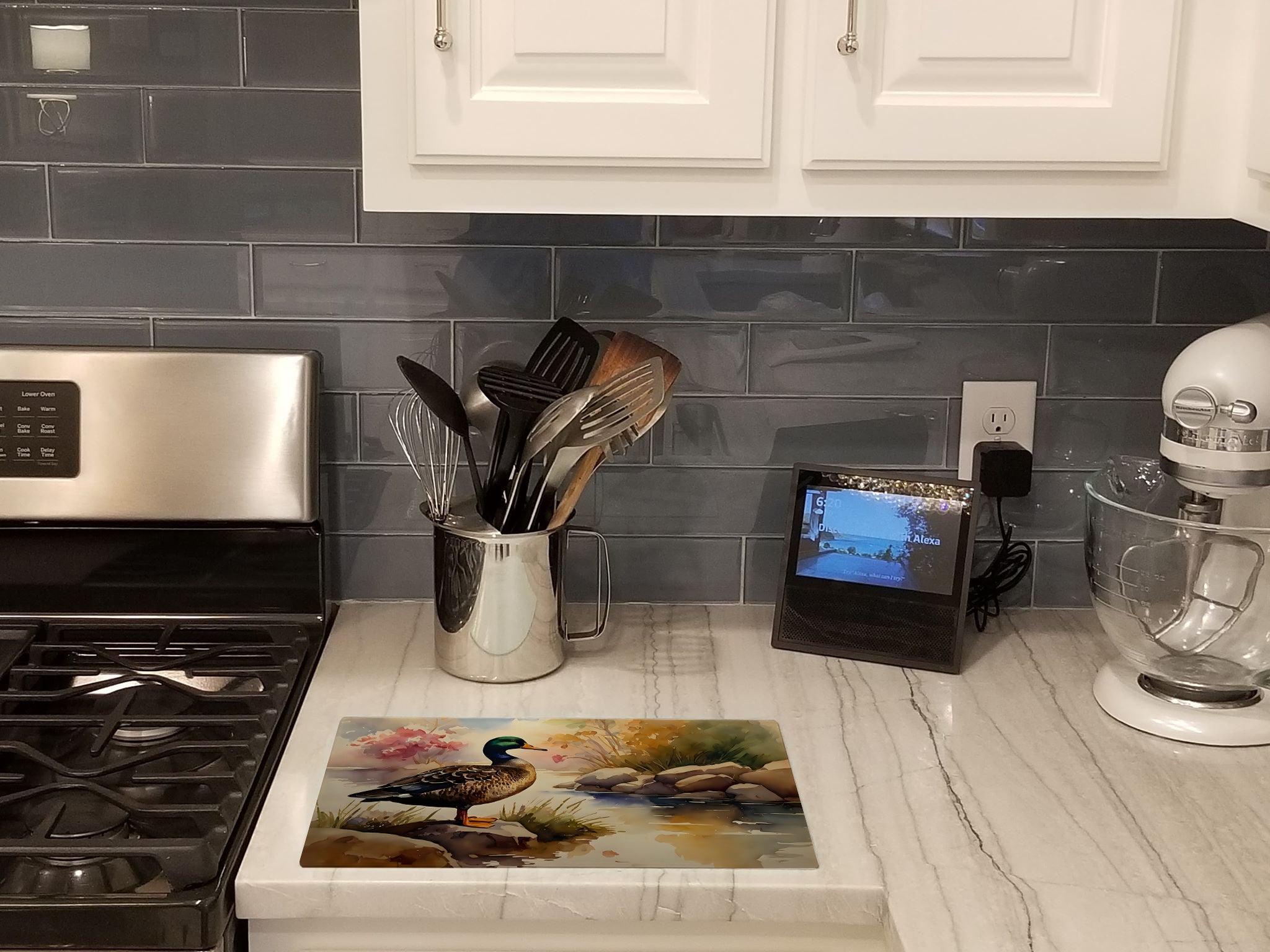 Mallard Duck Standing Lakeside Cutting Board Tempered Glass Kitchen Cutting Surface, Heat Resistant Chopping, Non-Slip Feet, Food Prep & Serving