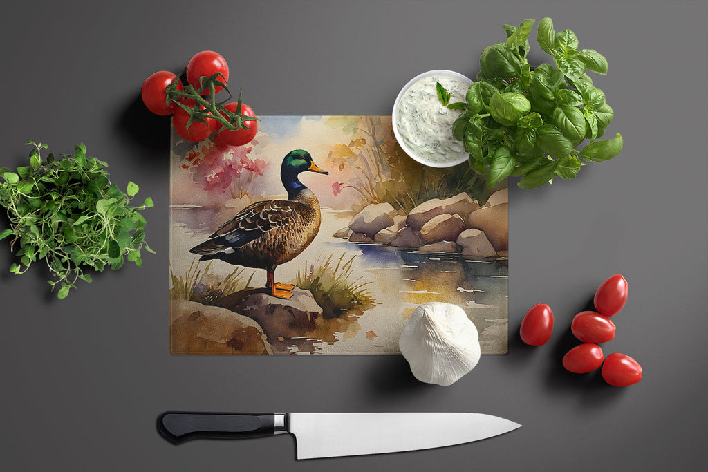 Mallard Duck Standing Lakeside Cutting Board Tempered Glass Kitchen Cutting Surface, Heat Resistant Chopping, Non-Slip Feet, Food Prep & Serving