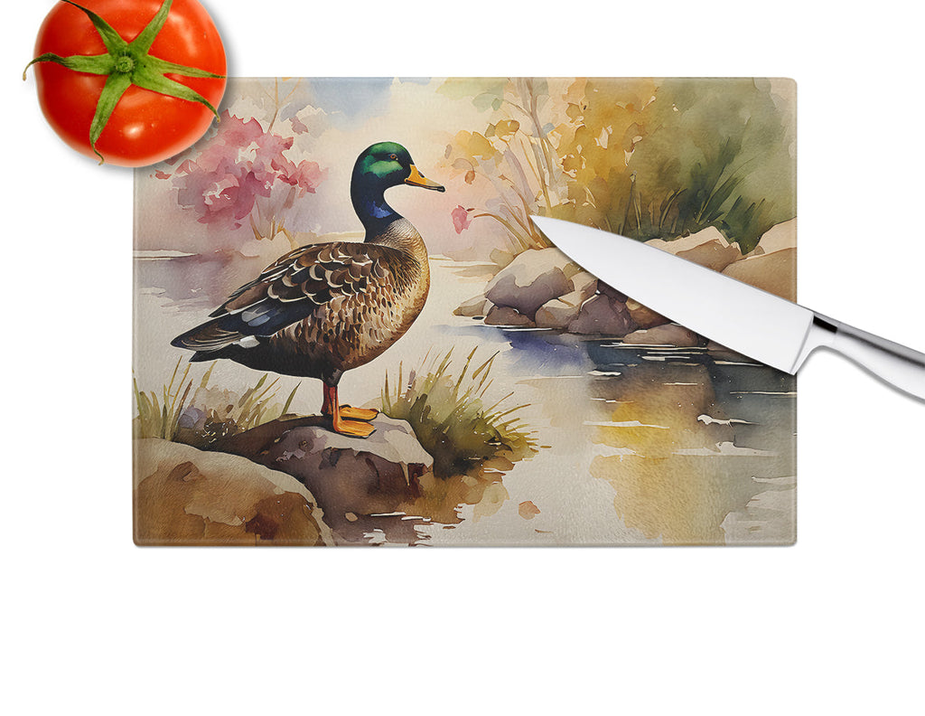 Mallard Duck Standing Lakeside Cutting Board Tempered Glass Kitchen Cutting Surface, Heat Resistant Chopping, Non-Slip Feet, Food Prep & Serving
