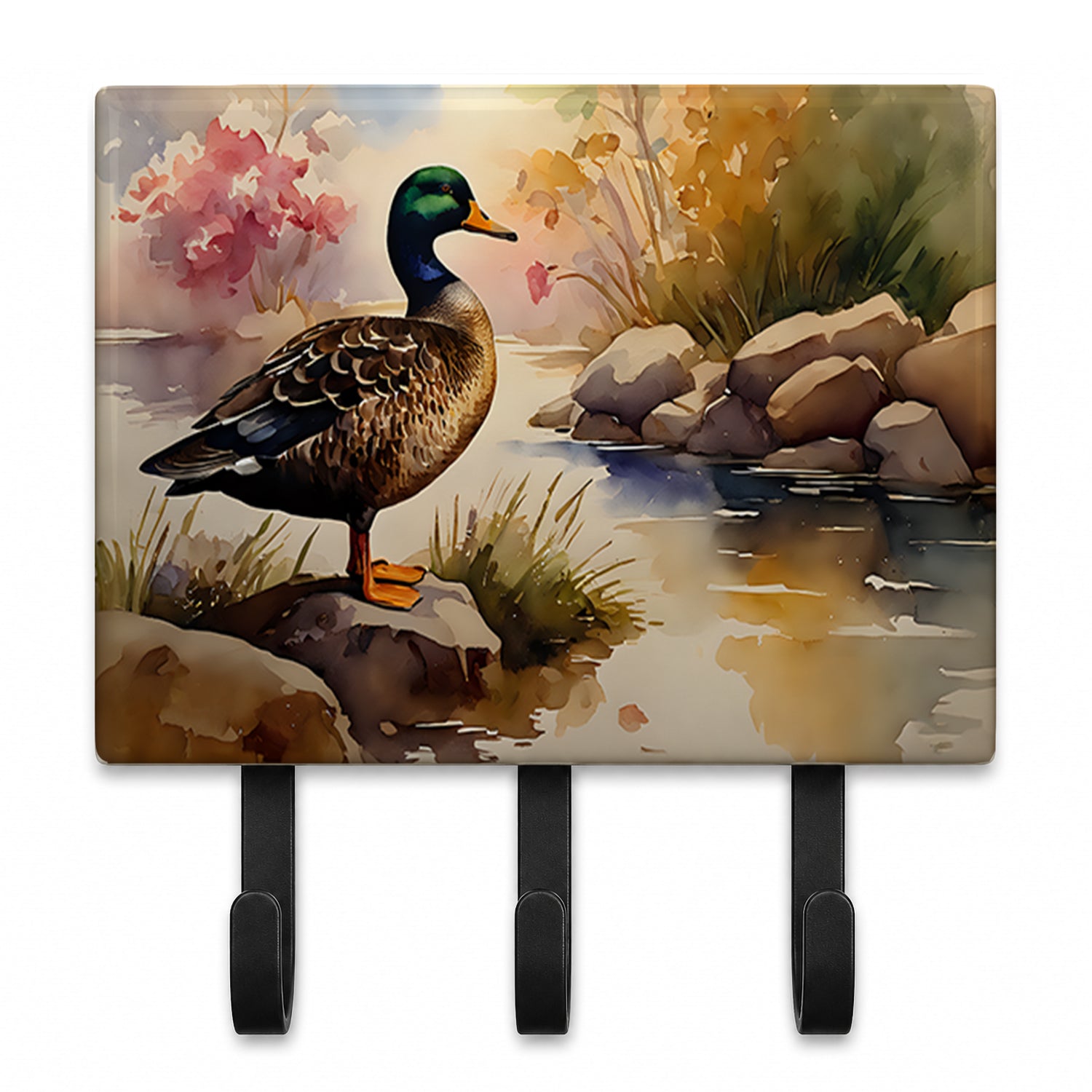 Mallard Duck Standing Lakeside Leash or Key Holder Wall Hooks, Coat Rack Wall Mount, for Hanging Keys, Towels, Aprons, Leashes