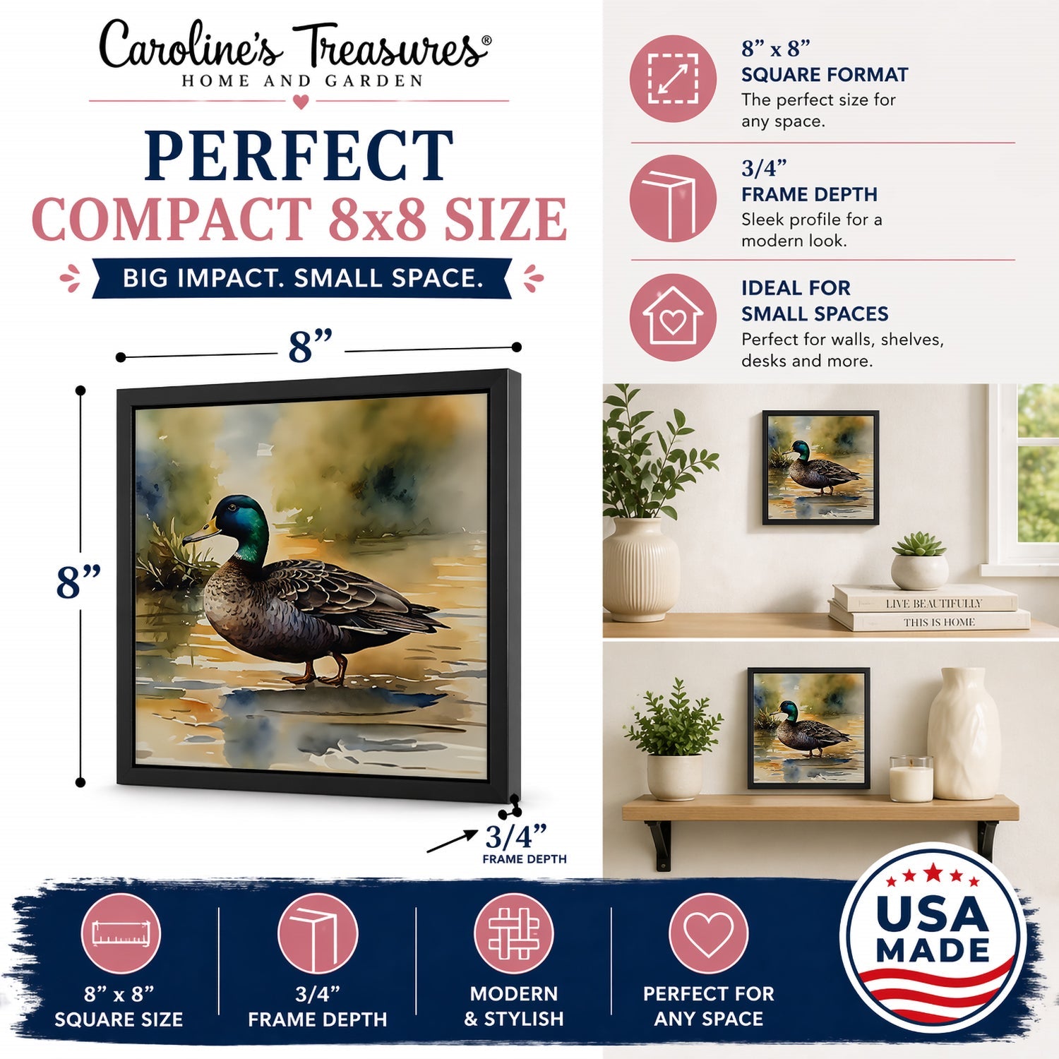 Mallard Duck Shoreline Framed Metal Print Bathroom, Kitchen, Office, Home Decor Wall Art Ready to Hang, Square, 8X8