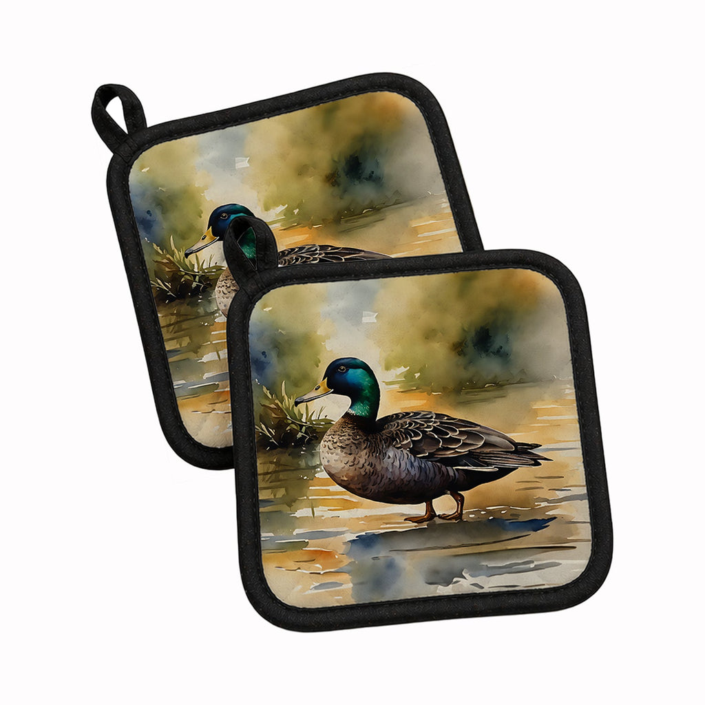 Mallard Duck Shoreline Pot Holder Set of 2 Heat Resistant Quilted Hot Pads 7.5 x 7.5 Inch, Insulated Kitchen Trivets for Cooking & Baking