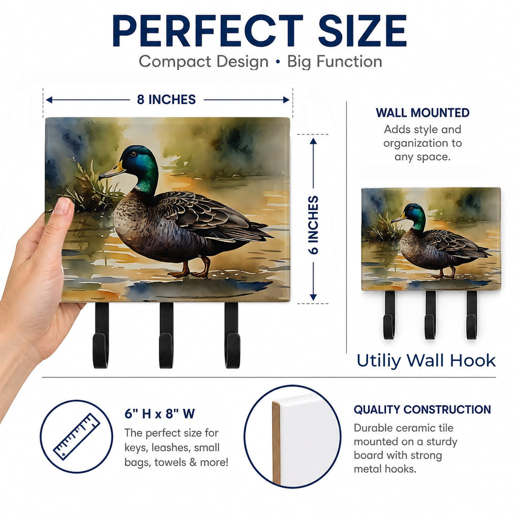Mallard Duck Shoreline Leash or Key Holder Wall Hooks, Coat Rack Wall Mount, for Hanging Keys, Towels, Aprons, Leashes