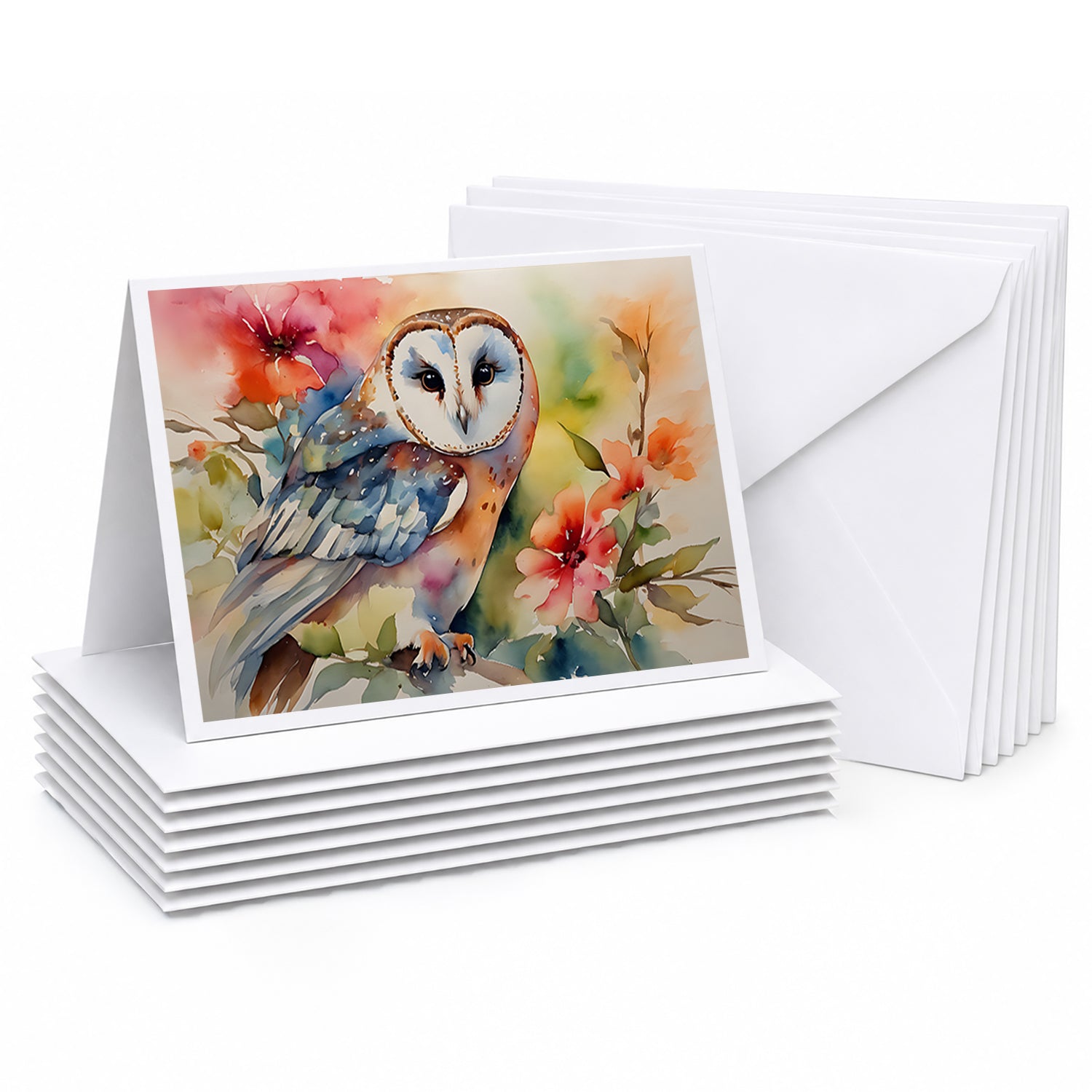 Barn Owl with Flowers Greeting Cards Pack of 8 Blank Cards with Envelopes Whimsical A7 Size 5x7