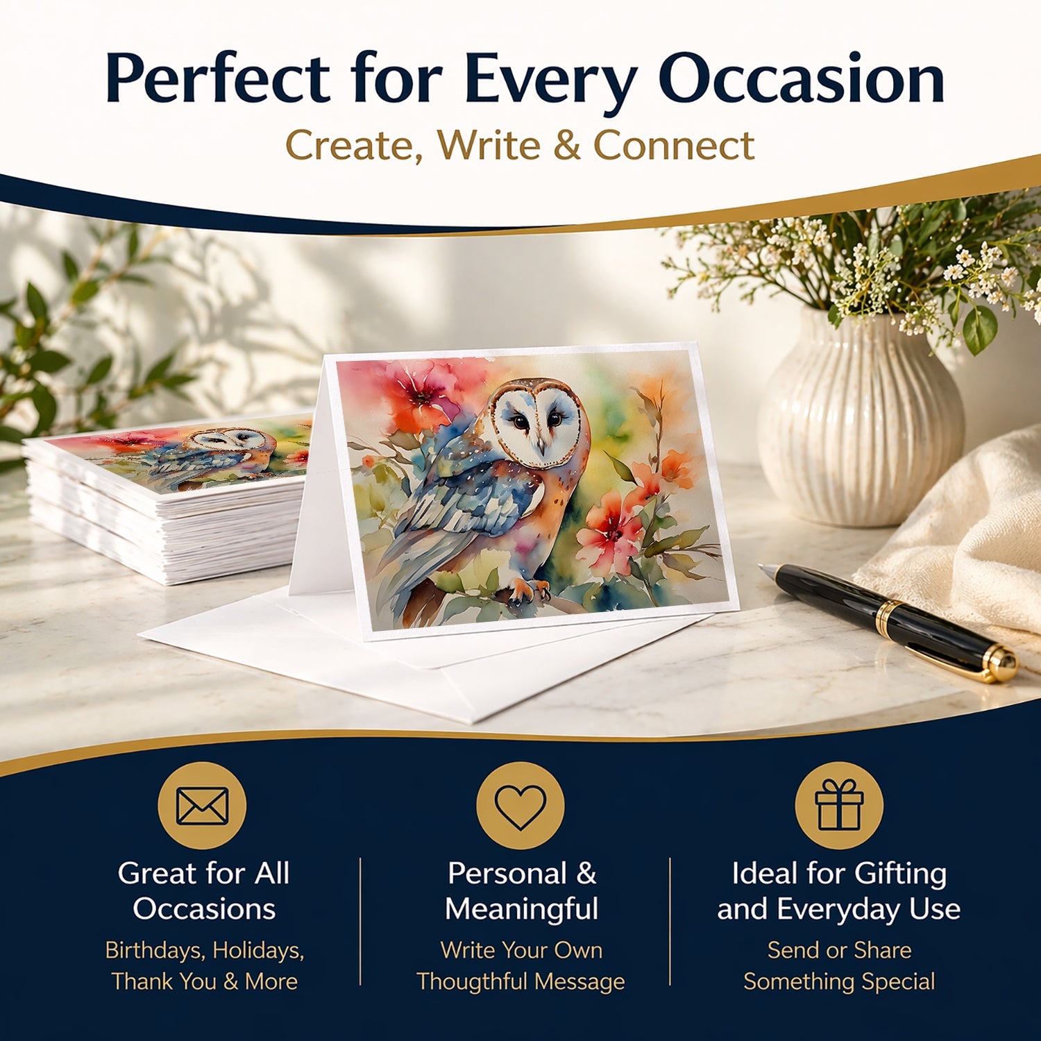Barn Owl with Flowers Greeting Cards Pack of 8 Blank Cards with Envelopes Whimsical A7 Size 5x7