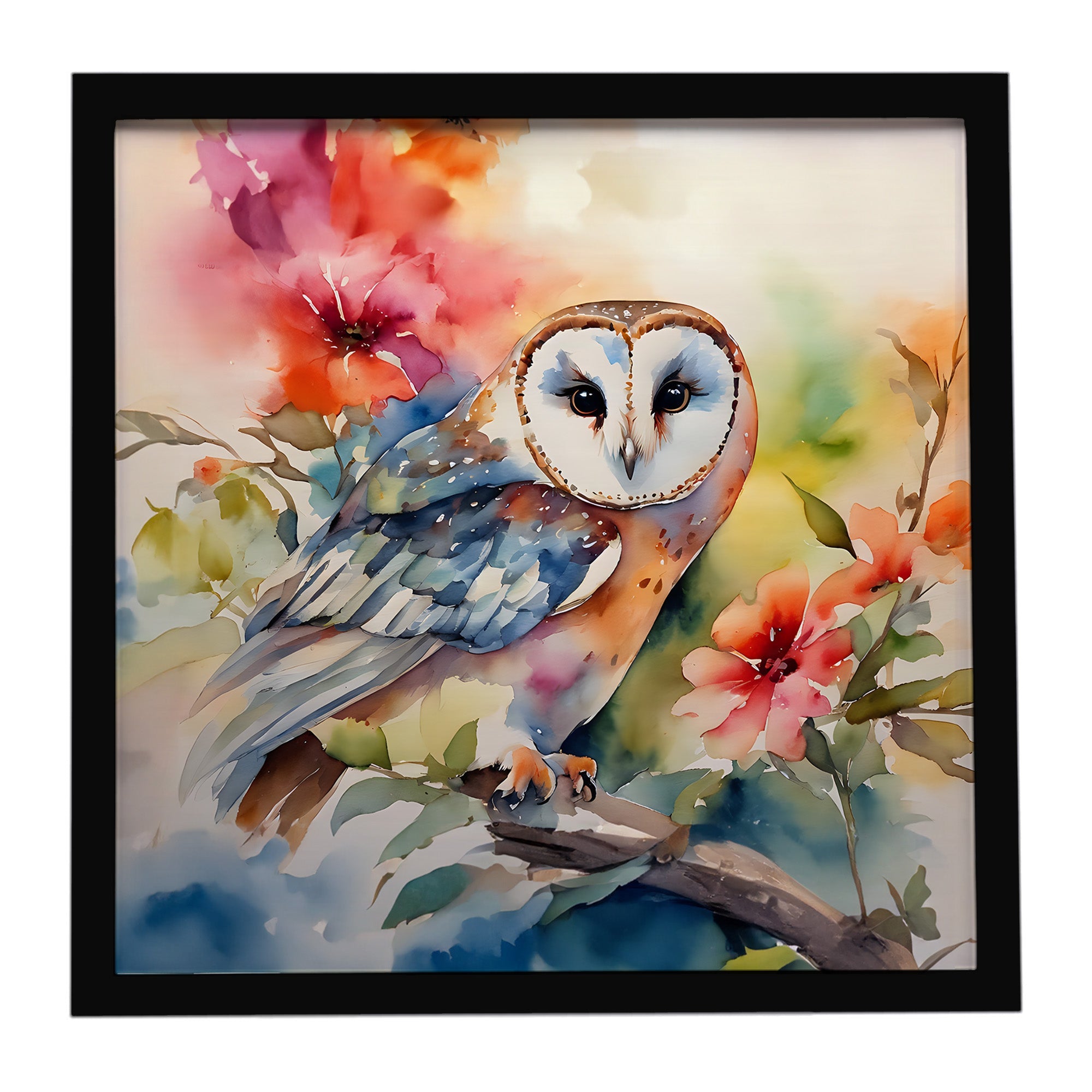 Barn Owl with Flowers Framed Metal Print Bathroom, Kitchen, Office, Home Decor Wall Art Ready to Hang, Square, 8X8