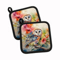 Barn Owl with Flowers Pot Holder Set of 2 Heat Resistant Quilted Hot Pads 7.5 x 7.5 Inch, Insulated Kitchen Trivets for Cooking & Baking