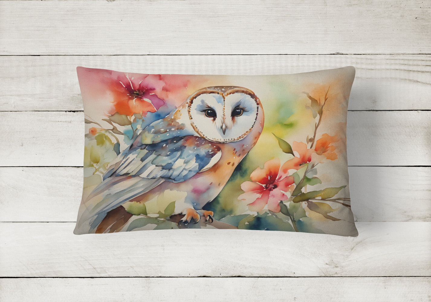 Barn Owl with Flowers Decorative Throw Pillow 12x16 Indoor Outdoor Accent Cushion, Fabric Cover with Insert for Sofa, Bed, Porch & Living Room