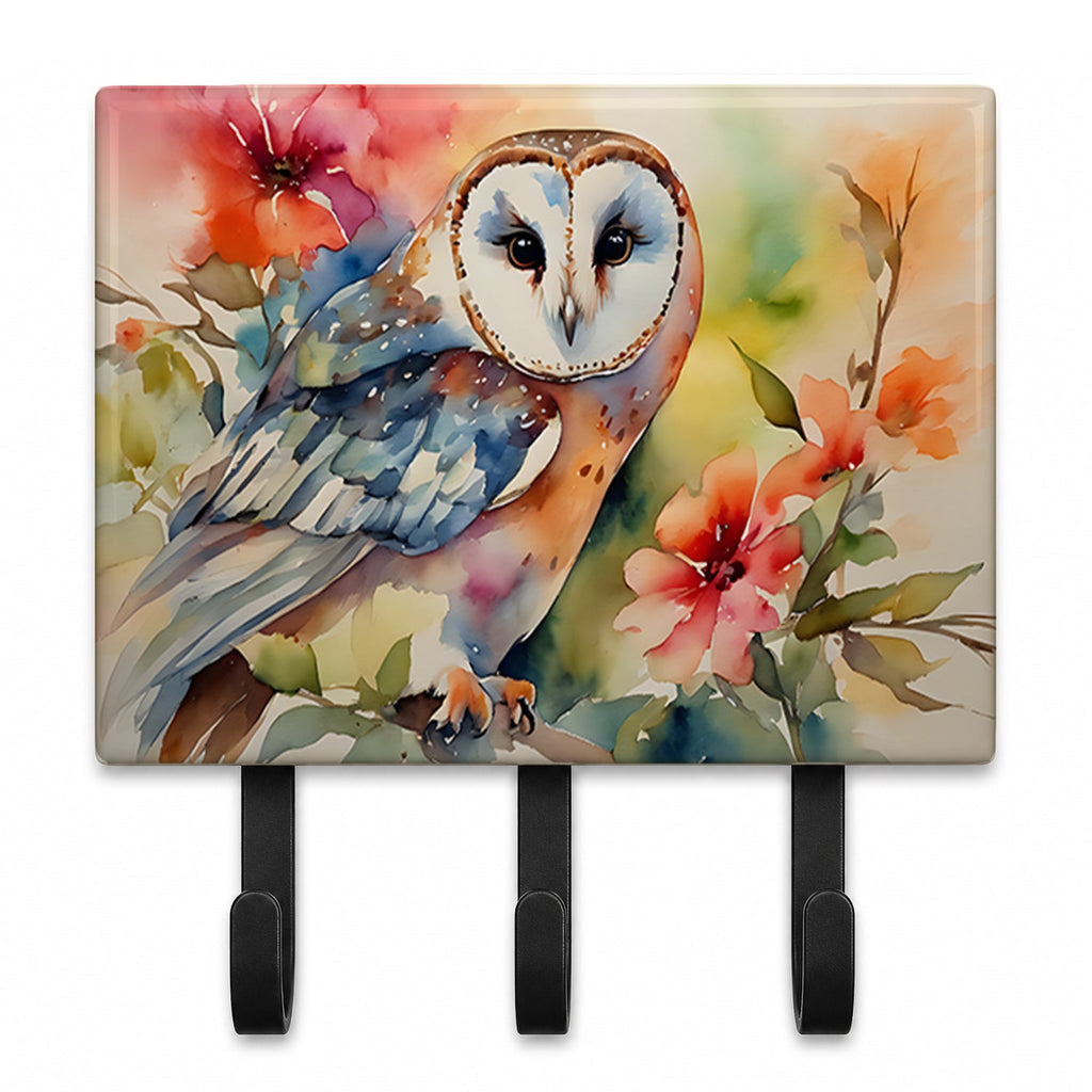 Barn Owl with Flowers Leash or Key Holder Wall Hooks, Coat Rack Wall Mount, for Hanging Keys, Towels, Aprons, Leashes