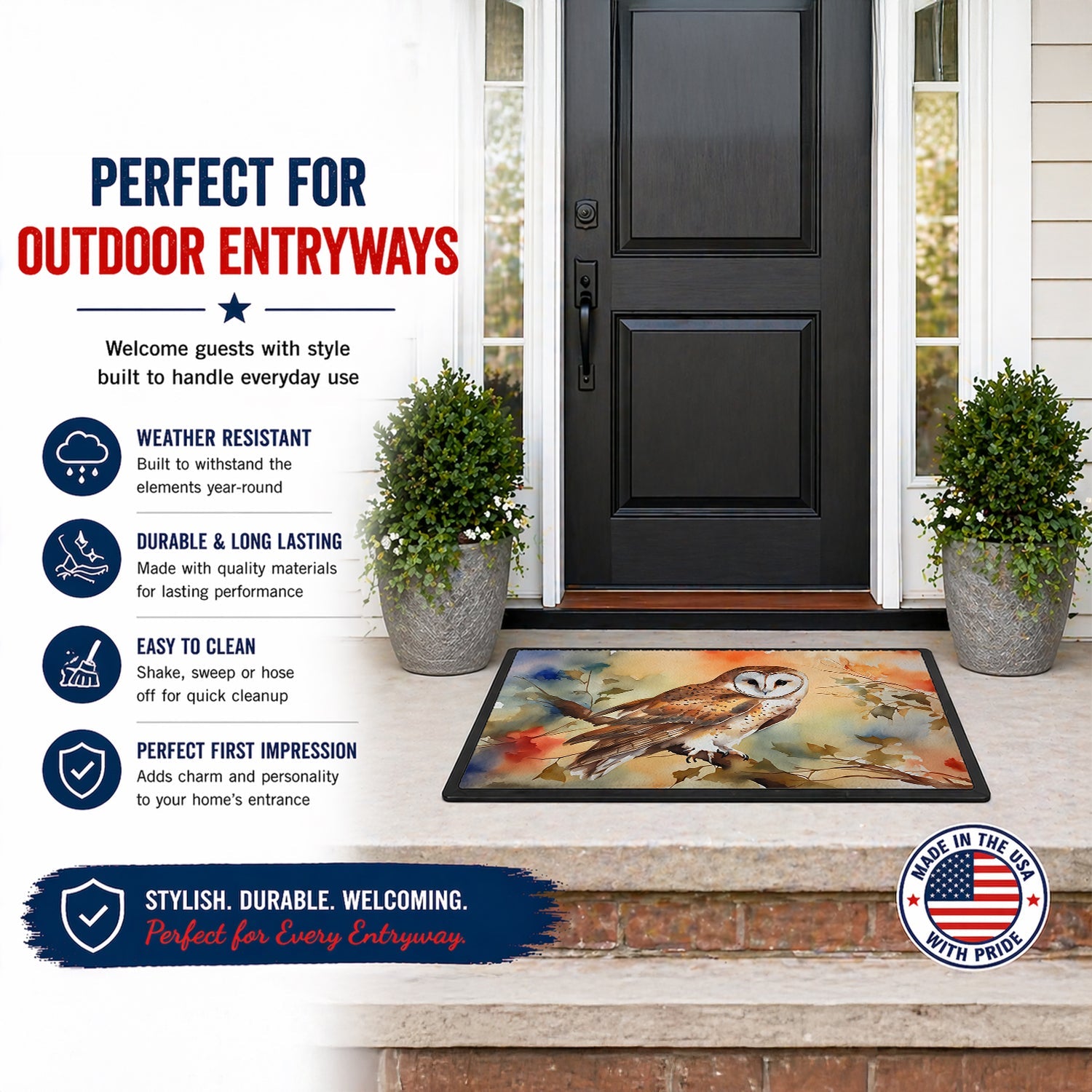 Perched Owl Woodland Wildlife Doormat Indoor Outdoor 24H X 36W Front Door Mat Rugs for Entryway, Non Slip Washable Low Pile,