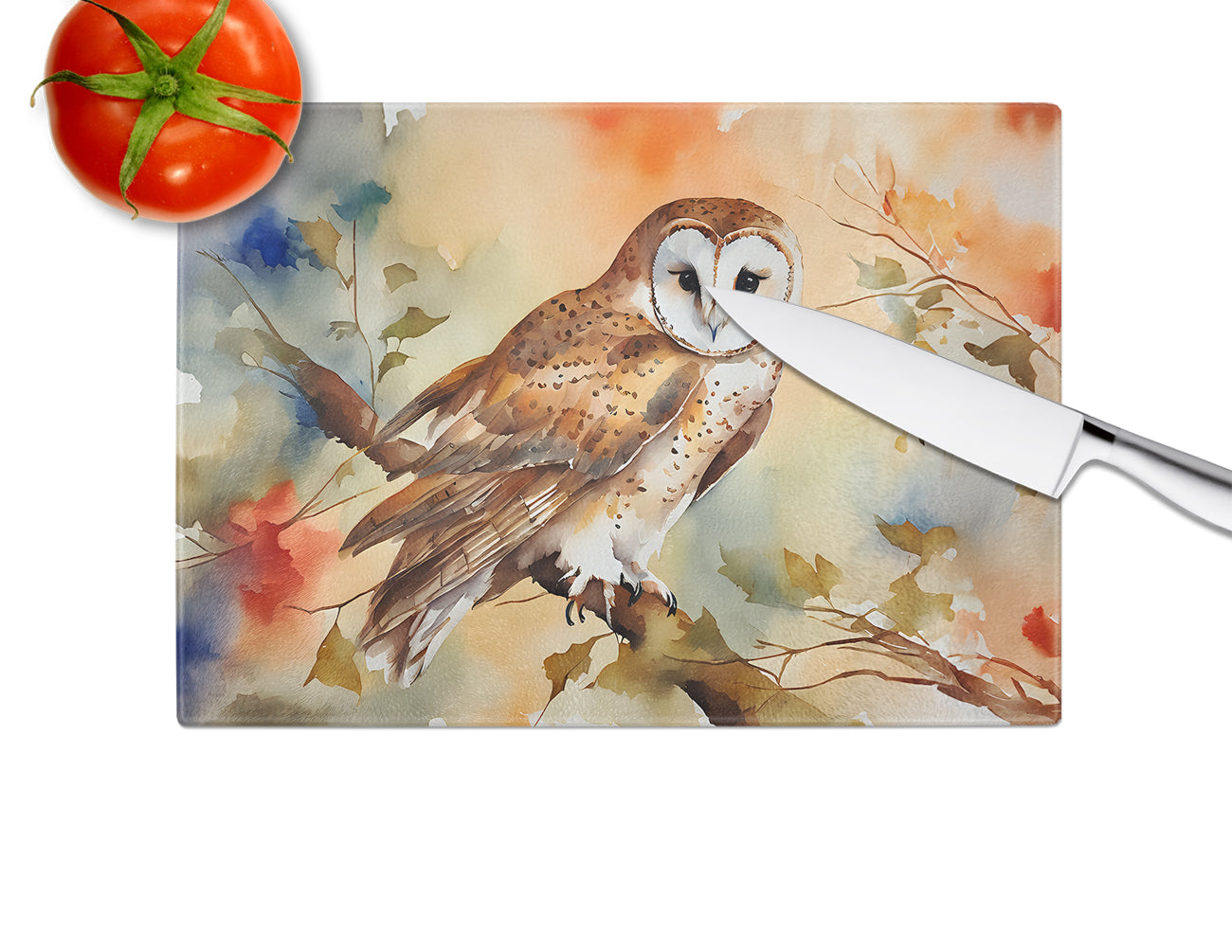Perched Owl Woodland Wildlife Cutting Board Tempered Glass Kitchen Cutting Surface, Heat Resistant Chopping, Non-Slip Feet, Food Prep & Serving