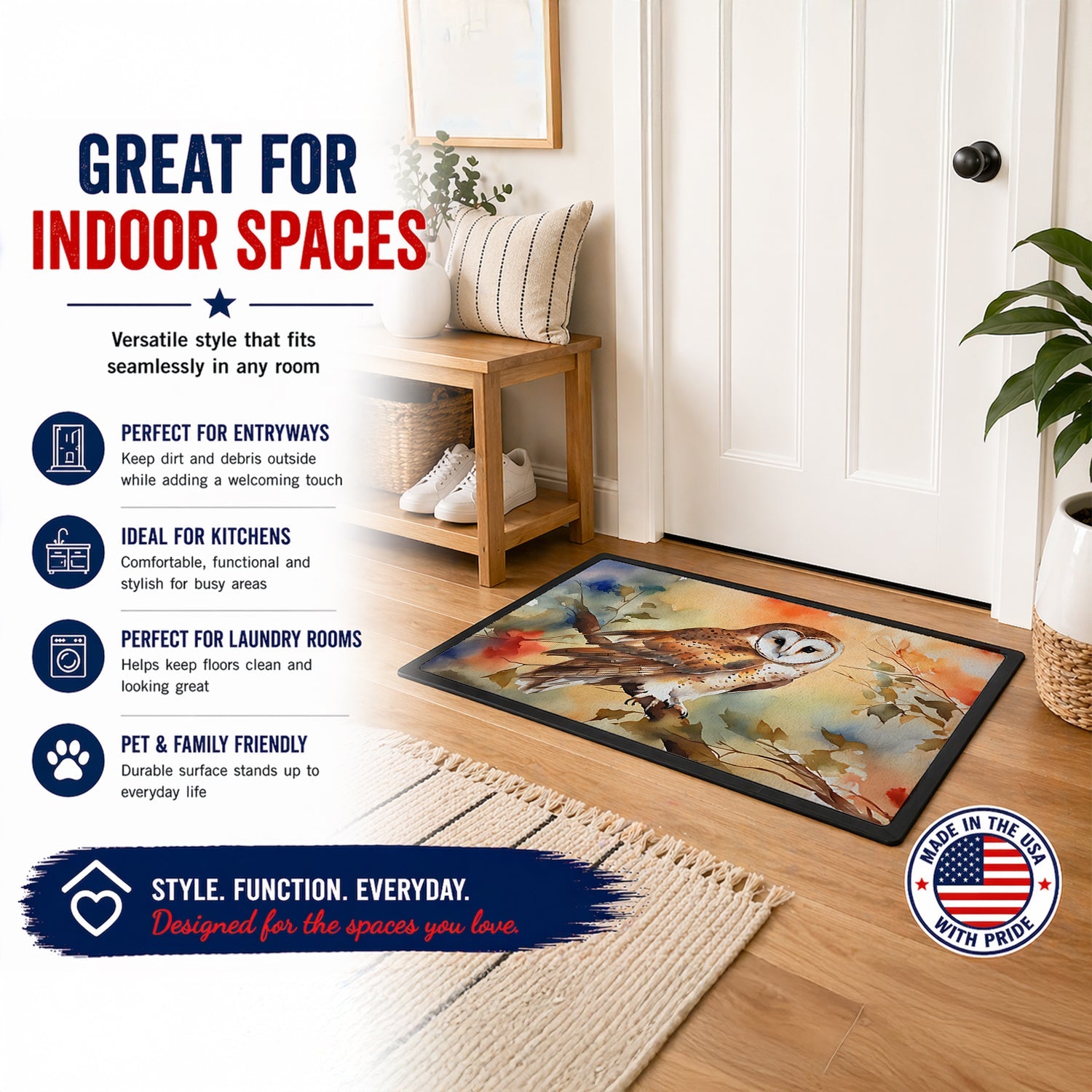 Perched Owl Woodland Wildlife Doormat Indoor Outdoor 18H X 27W Front Door Mat Rugs for Entryway, Non Slip Washable