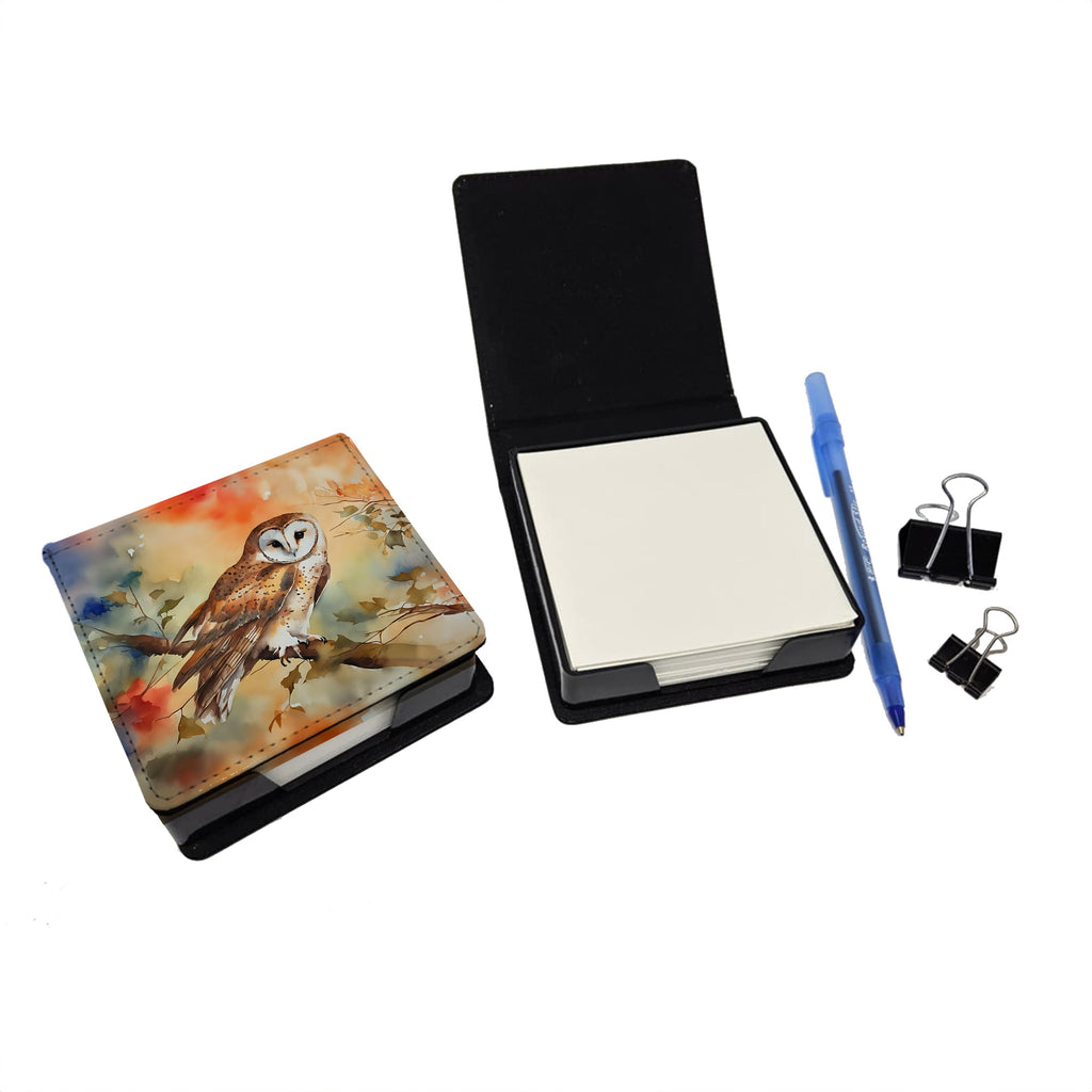 Perched Owl Woodland Wildlife PU Leather Note Paper Holder with Artist-Designed Cover, Desk Accessory, Office Gift
