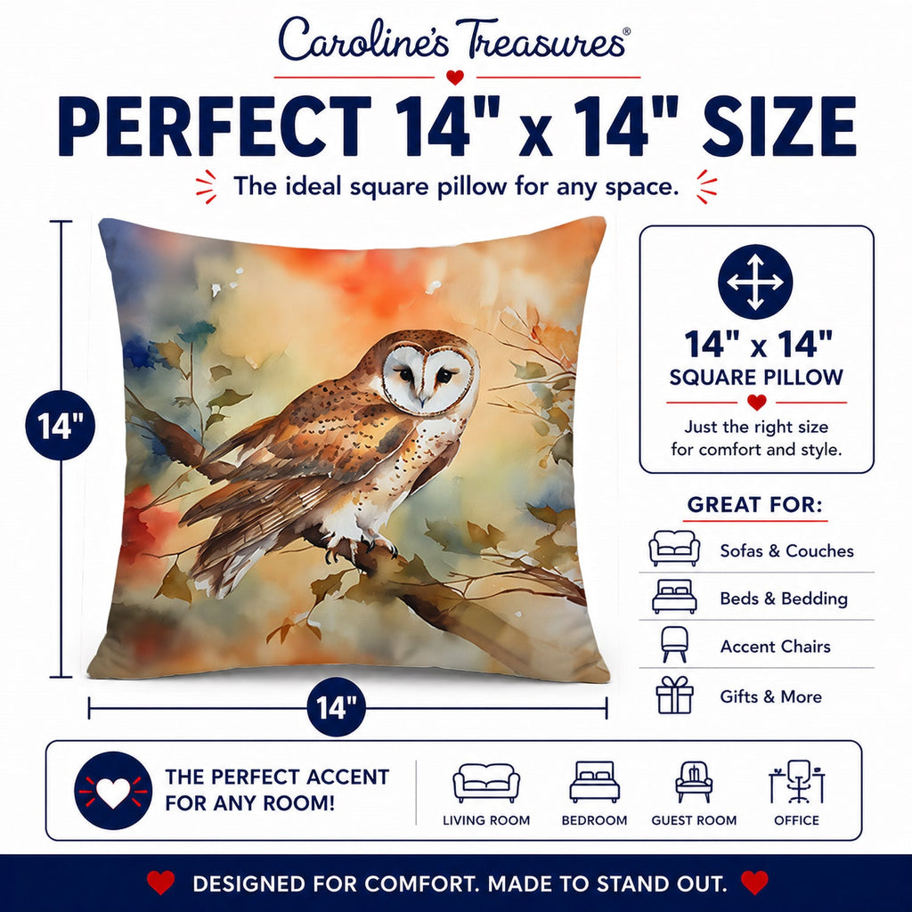 Perched Owl Woodland Wildlife Decorative Throw Pillow 14x14 Indoor Outdoor Accent Cushion, Fabric Cover with Insert for Sofa, Bed, Porch & Living Room