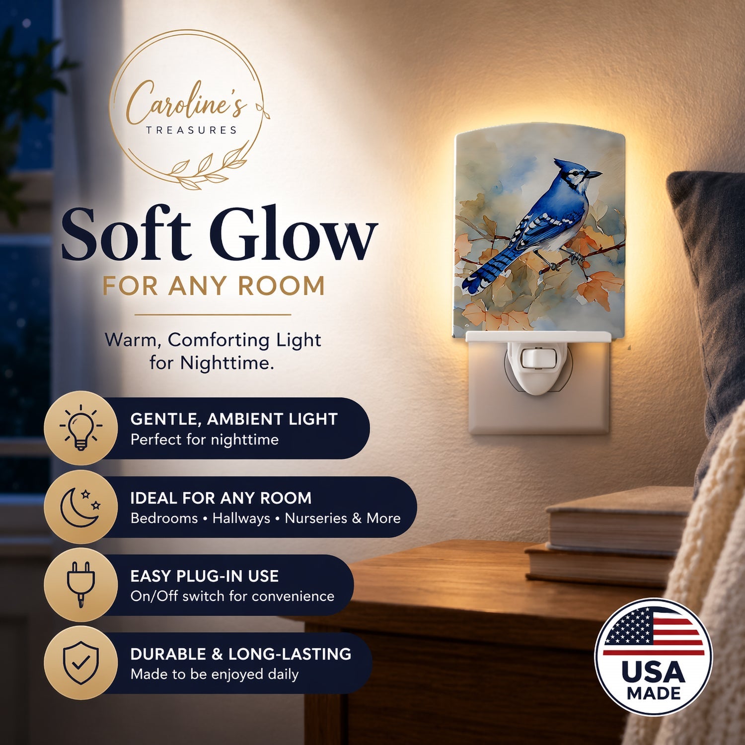 Blue Jay with Blossoms Spring Ceramic Night Light Compact, UL-Certified, Ideal for Bedroom, Bathroom, Nursery, Hallway, Kitchen, 6x4x3, Multicolor