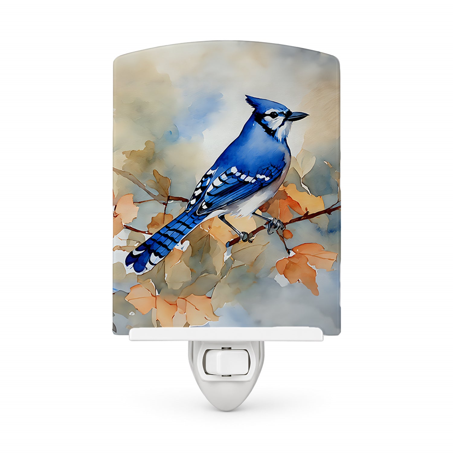 Blue Jay with Blossoms Spring Ceramic Night Light Compact, UL-Certified, Ideal for Bedroom, Bathroom, Nursery, Hallway, Kitchen, 6x4x3, Multicolor
