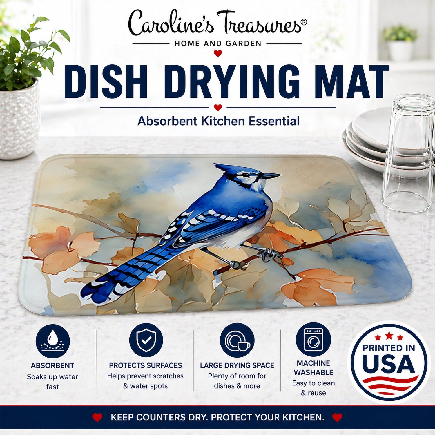 Blue Jay with Blossoms Spring Dish Drying Mat Absorbent Dish Drying Mat Pad for Kitchen Counter Dish Drainer Mat for Countertop, 14 x 21", Multicolor