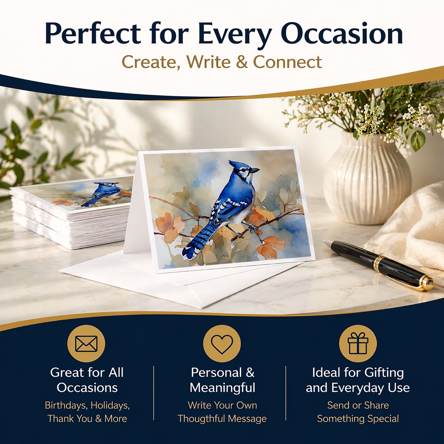 Blue Jay with Blossoms Spring Greeting Cards Pack of 8 Blank Cards with Envelopes Whimsical A7 Size 5x7