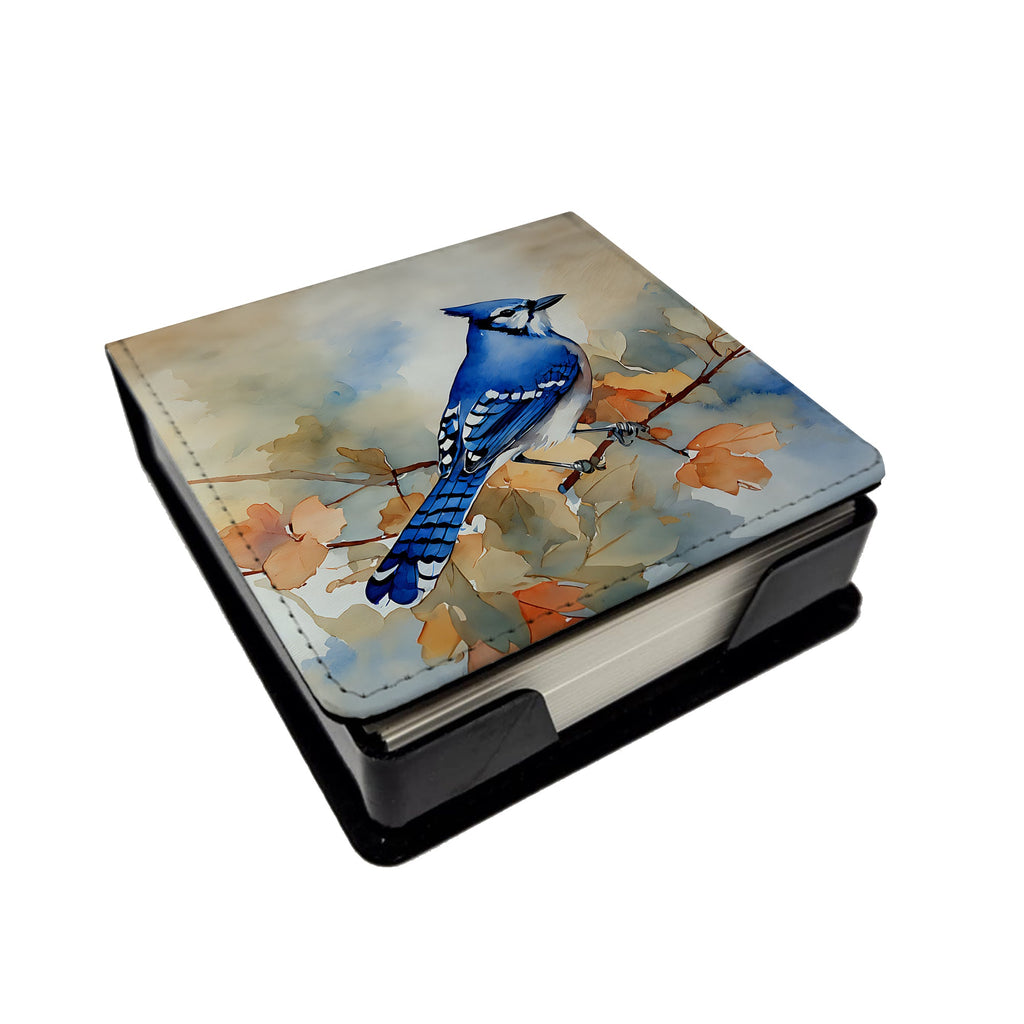 Blue Jay with Blossoms Spring PU Leather Note Paper Holder with Artist-Designed Cover, Desk Accessory, Office Gift