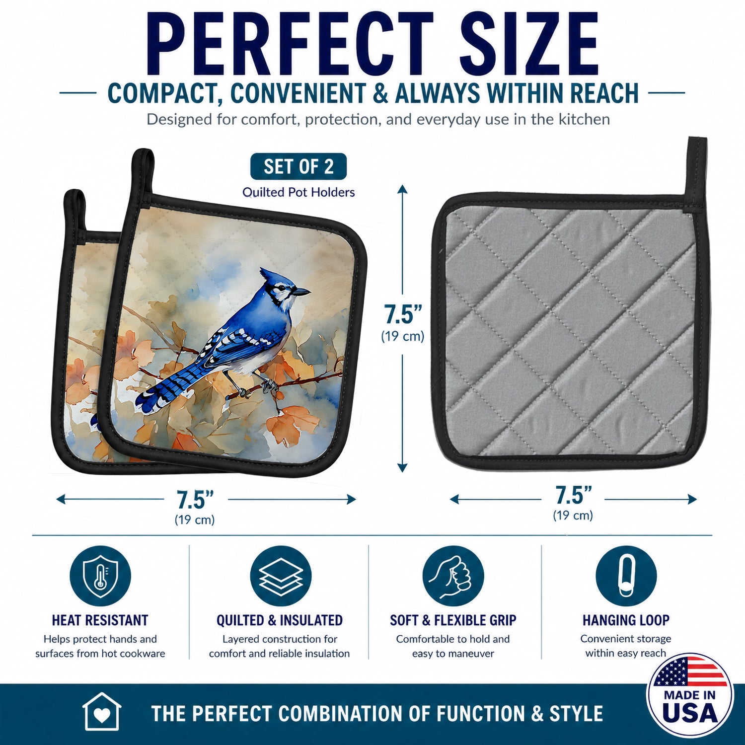Blue Jay with Blossoms Spring Pot Holder Set of 2 Heat Resistant Quilted Hot Pads 7.5 x 7.5 Inch, Insulated Kitchen Trivets for Cooking & Baking