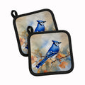 Blue Jay with Blossoms Spring Pot Holder Set of 2 Heat Resistant Quilted Hot Pads 7.5 x 7.5 Inch, Insulated Kitchen Trivets for Cooking & Baking