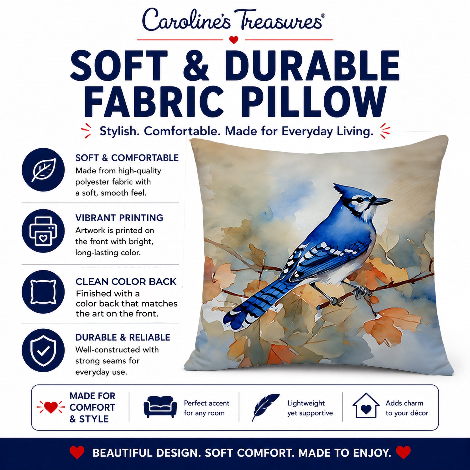 Blue Jay with Blossoms Spring Decorative Throw Pillow 14x14 Indoor Outdoor Accent Cushion, Fabric Cover with Insert for Sofa, Bed, Porch & Living Room