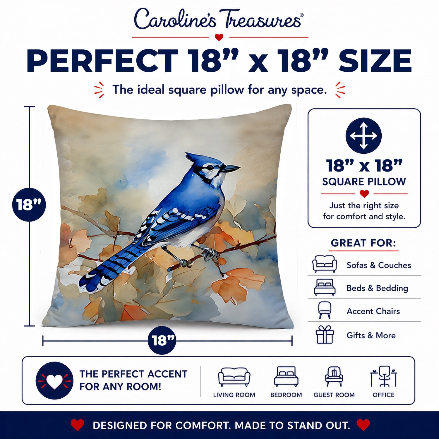 Blue Jay with Blossoms Spring Decorative Throw Pillow 18x18 Indoor Outdoor Accent Cushion, Fabric Cover with Insert for Sofa, Bed, Porch & Living Room