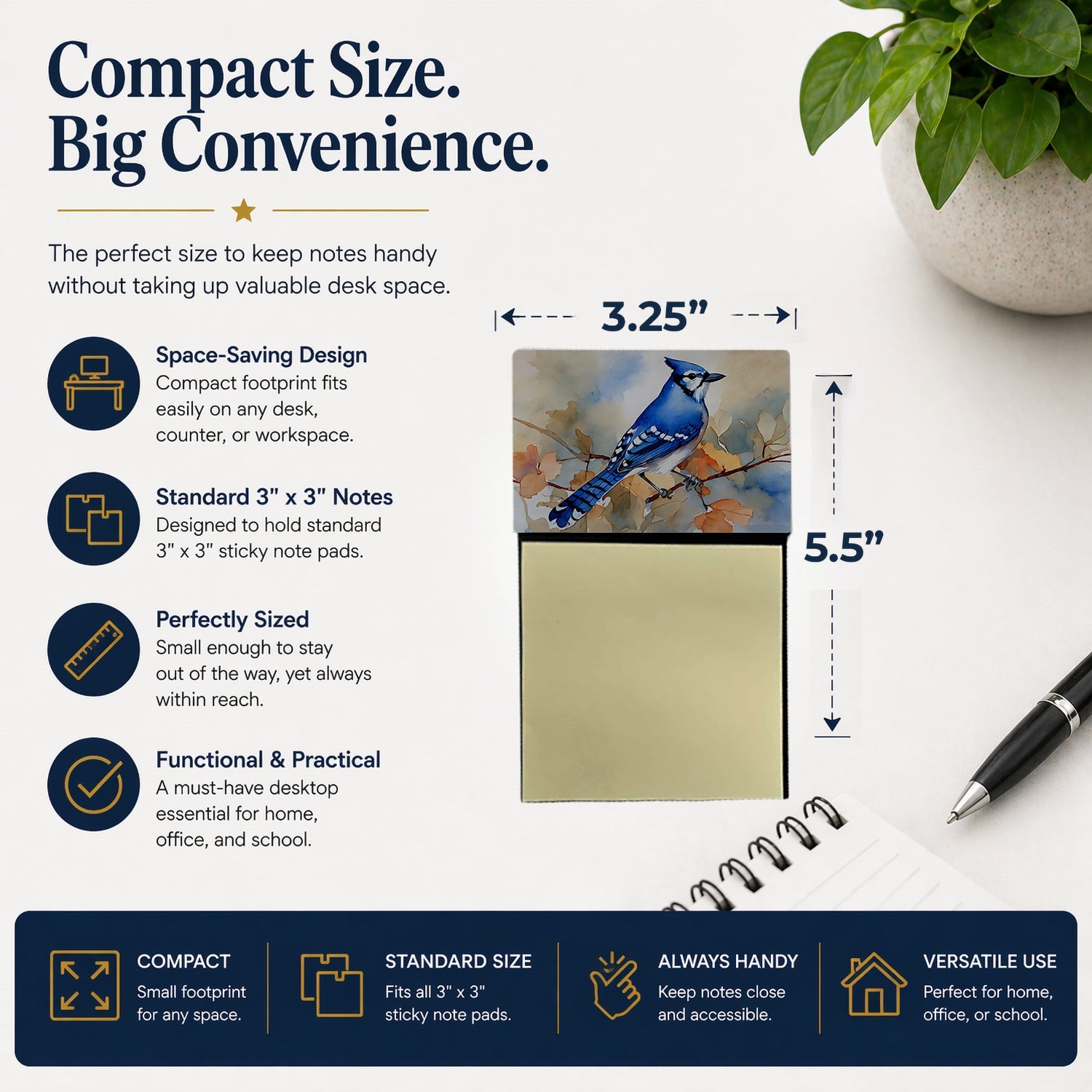 Blue Jay with Blossoms Spring Watercolor Sticky Note Holder Refillable Dispenser Desk Accessory 3x3 Pad Gift