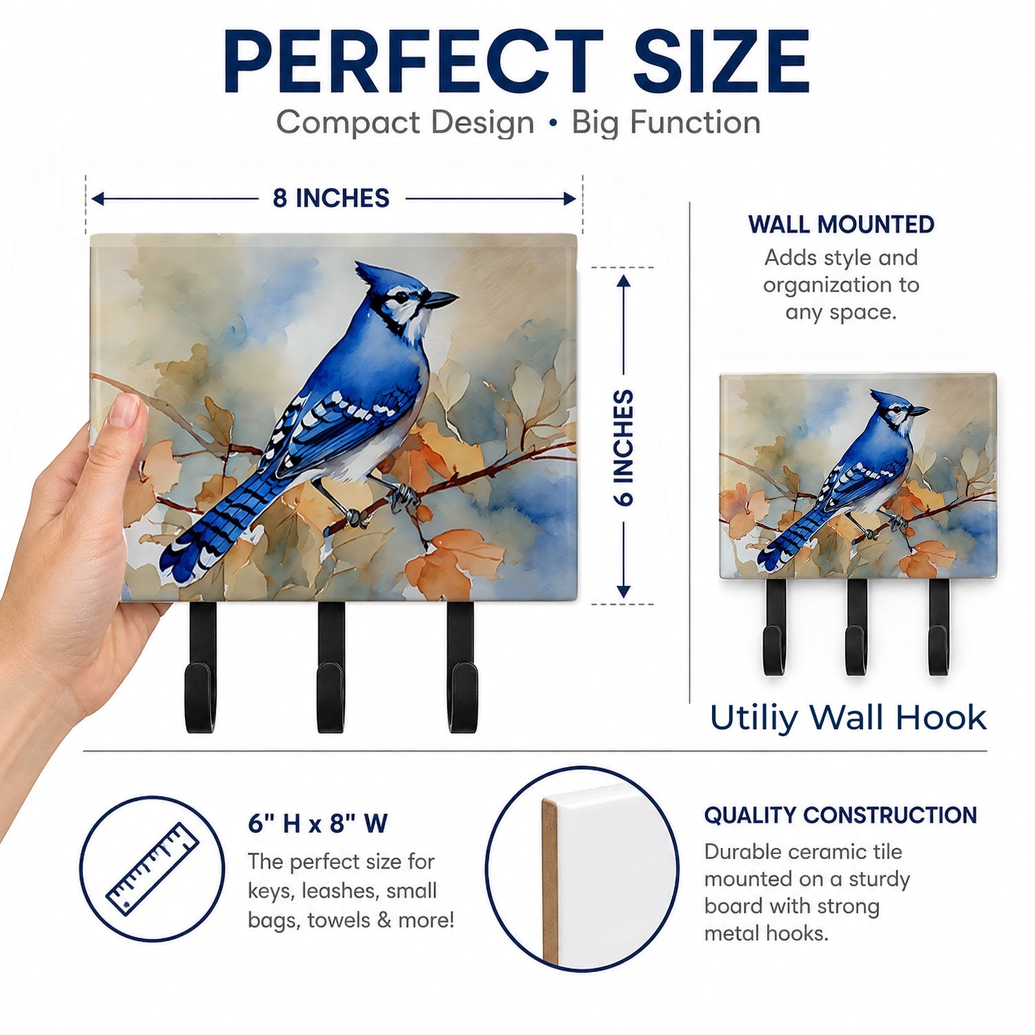 Blue Jay with Blossoms Spring Leash or Key Holder Wall Hooks, Coat Rack Wall Mount, for Hanging Keys, Towels, Aprons, Leashes