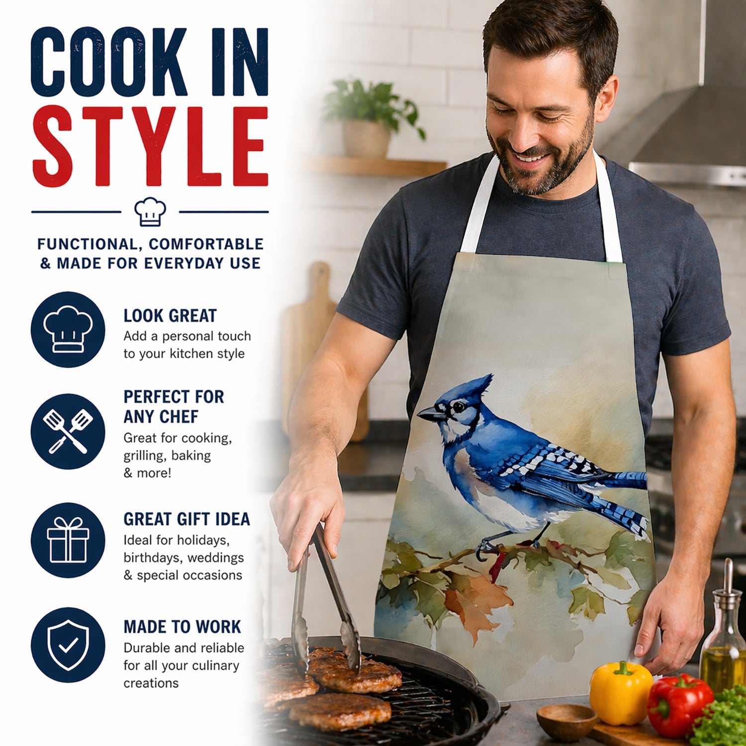 Blue Jay Wildlife Portrait Apron Cooking Kitchen Server Baking Crafts Gardening for Adult Women Men, Unisex, Large, Multicolor