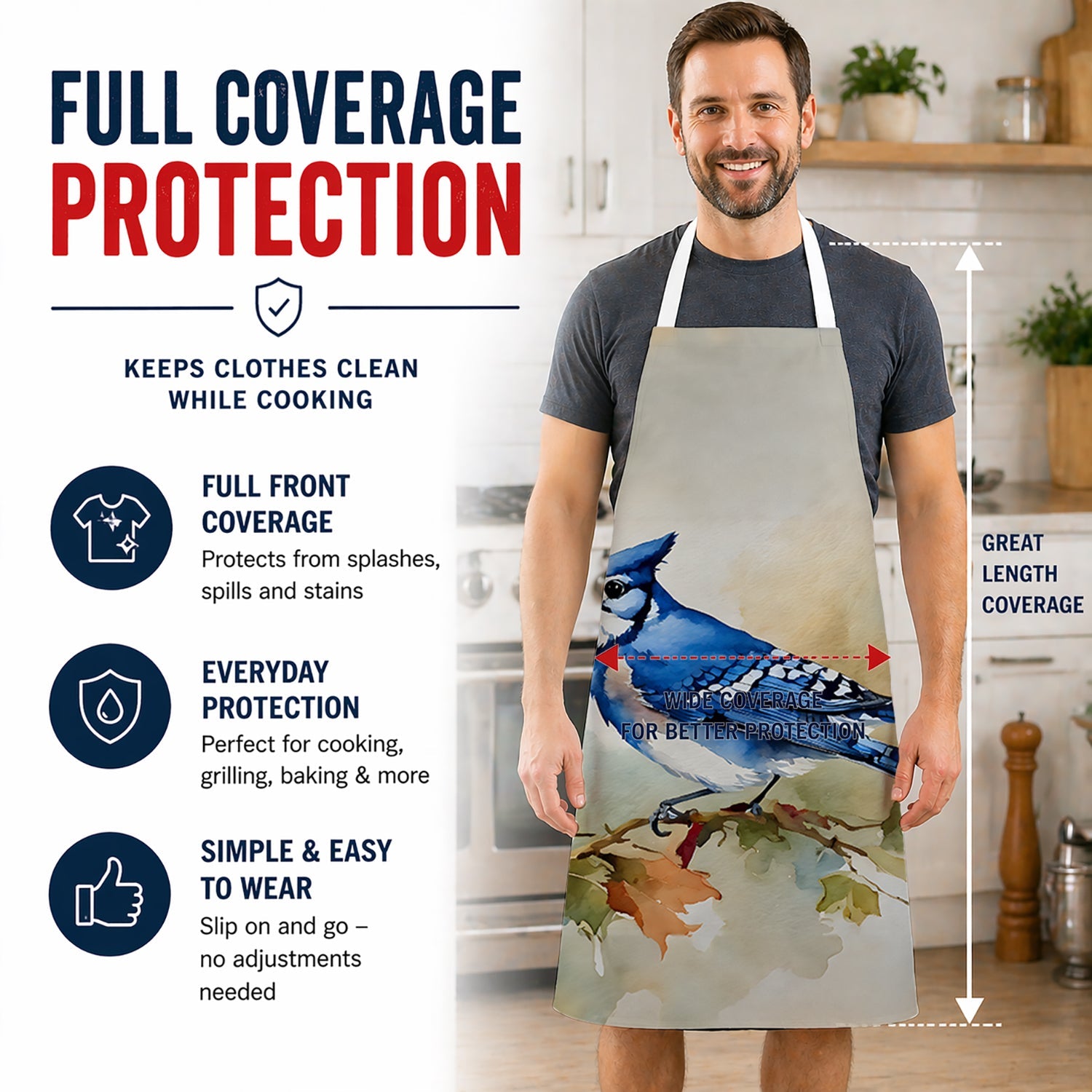 Blue Jay Wildlife Portrait Apron Cooking Kitchen Server Baking Crafts Gardening for Adult Women Men, Unisex, Large, Multicolor